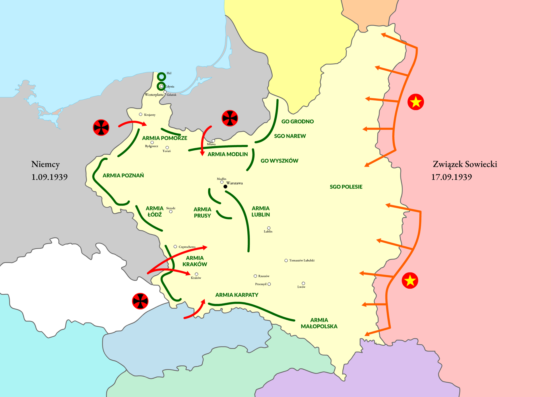 Ilustracja przedstawia mapę Polski z 1939 roku z naniesionymi na nią kierunkami uderzenia niemieckiego 1 września i sowieckiego 17 września. Zaznaczono miejsce obrony placówki wojskowej na Westerplatte w Gdańsku oraz obszar obrony polskiego wybrzeża aż po Hel. Wskazano rozmieszczenie linii obronnych poszczególnych polskich jednostek: od zachodu Wielkopolski broniła Armia „Poznań”, na linii uderzenia niemieckiego w stronę Warszawy Armia „Łódź”, a Śląsk osłaniała Armia „Kraków”. Na północy korytarza pomorskiego broniła Armia „Pomorze”. Przy granicy z Prusami operowała Armia „Modlin” i Samodzielna Grupa Operacyjna „Narew” z wysuniętą w stronę granicy litewskiej grupą „Grodno”. W odwodach na tym odcinku operowała grupa „Wyszków”. W centrum kraju zlokalizowana była Armia „Prusy” i powstała na bazie rozbitych jednostek Armia „Lublin”. Od południa broniła granic Polski Armia „Karpaty” i powstała na jej bazie Armia „Małopolska”. Na wschodzie z wkraczającymi w granice Polski wojskami sowieckimi walczyła Samodzielna Grupa Operacyjna „Polesie”.