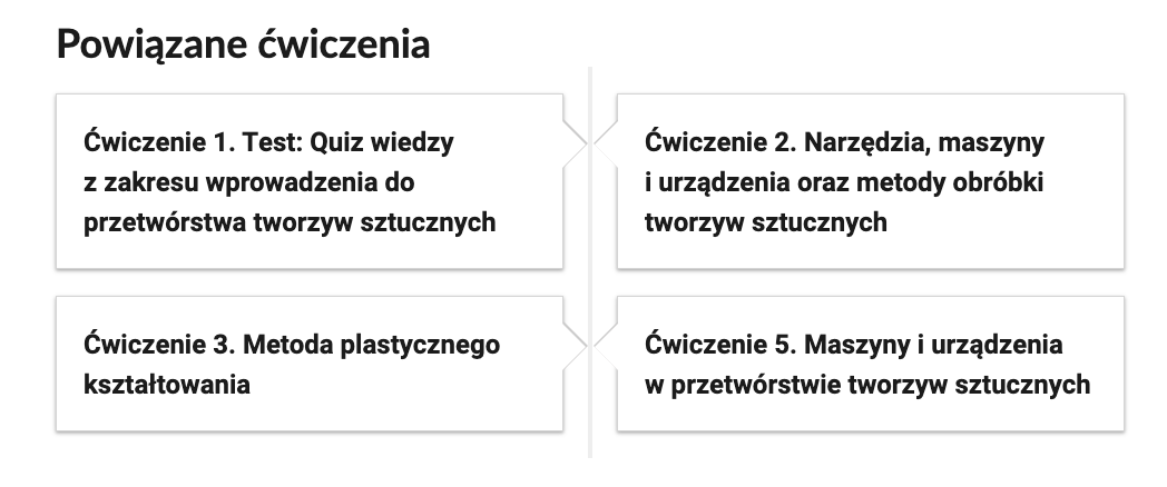 IlustracjaZrzut ekranu przedstawiający nawigację po lekcji. Pierwsza zakładka prowadzi do ćwiczenia 1, Test: Quiz wiedzy z zakresu wprowadzania do przetwórstwa tworzyw sztucznych. Druga zakładka prowadzi do ćwiczenia 2, Narzędzia, maszyny i urządzenia odraz metody obróbki tworzyw sztucznych. Trzecia zakładka prowadzi do ćwiczenia 3, Metody plastycznego kształtowania. Czwarta zakładka prowadzi do ćwiczenia 5, Maszyny i urządzenia w przetwórstwie tworzyw sztucznych.