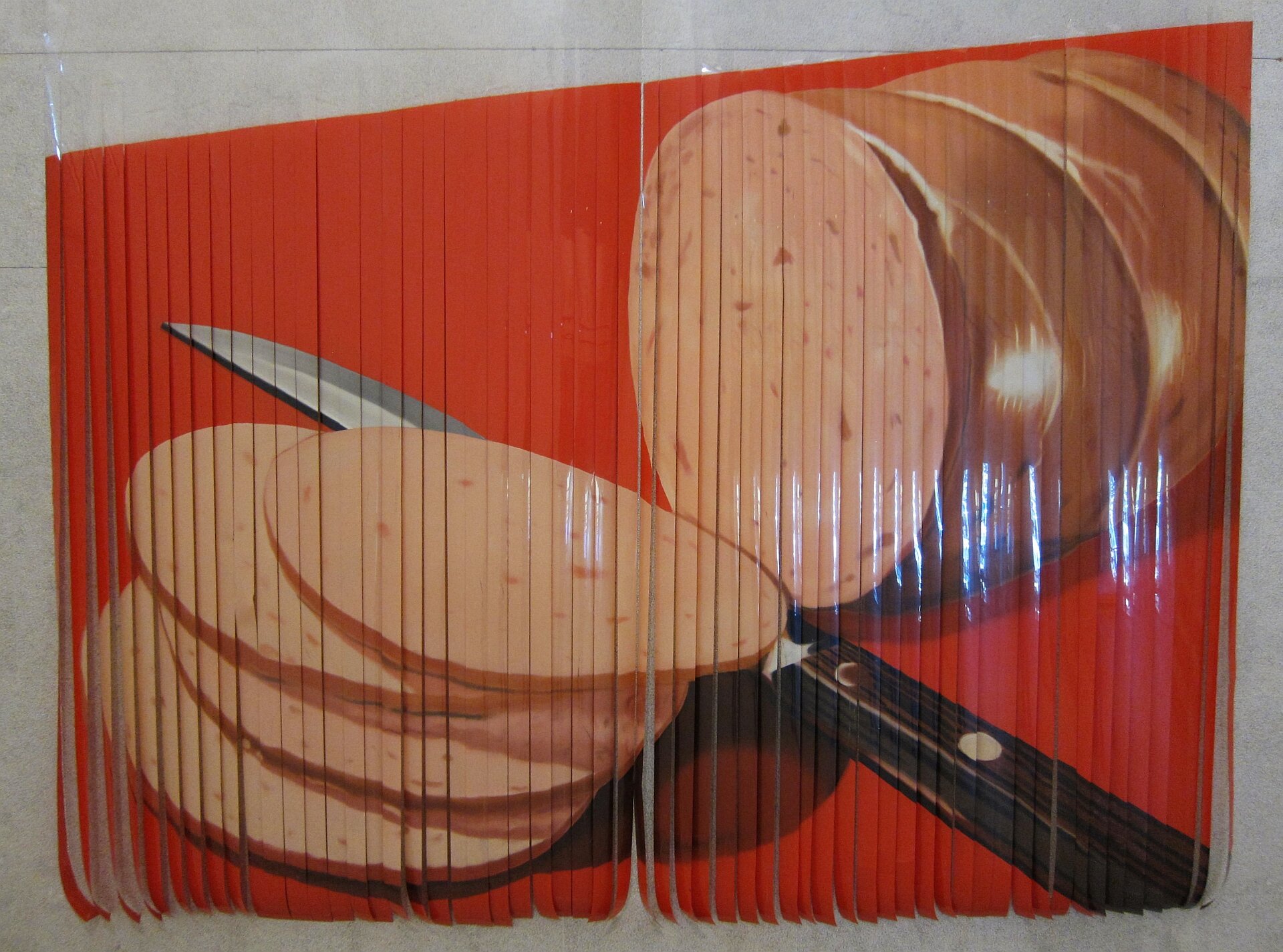 Ilustracja przedstawia dzieło Jamesa Rosenquista „Plastry mortadeli”. Wykonana jest na paskach filmowych. Ukazuje kiełbasę oraz ukrojone plastry na czerwonym tle. Pomiędzy nimi leży nóż z czarną rękojeścią.