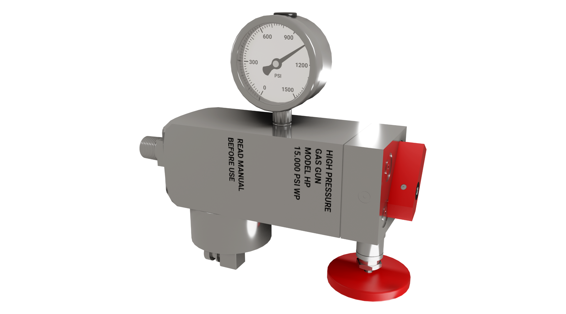 Na zdjęciu przedstawiono schemat budowy pistolet gazowy typu 15000PSI Gas Gun >. Pistolet wykorzystywany jest do pomiarów w odwiercie polegających na wytworzeniu impulsu ciśnienia poprzez implozje lub eksplozję. Centralną częścią urządzenia jest podłużny korpus o kształcie prostopadłościanu. Korpus jest w orientacji poziomej. Do dolnej ściany korpusu przyłączony jest po lewej stronie cylindryczny element. Dodatkowo po prawej stronie znajduje się nóżka. Nóżka jest wykonana z dwóch elementów. Cienkiego cylindra o orientacji poziomej do którego przyłączona jest czerwona okrągła podstawa. Do górnej ściany pistoletu przymocowany jest manometr. Manometr ma kształt okręgu. Centralną jego częścią jest tarcza oraz wskazówka wskazująca wartość ciśnienia. Manometr jest przyłączony do korpusu cienką szyjką o kształcie cylindra. Na prawej ścianie korpusu widać czerwony przełącznik o kształcie cienkiego prostopadłościanu.Na korpusie widoczny jest pionowy napis: High Pressure GAS GUN Model HP 15000PSI WP Poniżej znajduje się dodatkowy napis: Read manual before use.