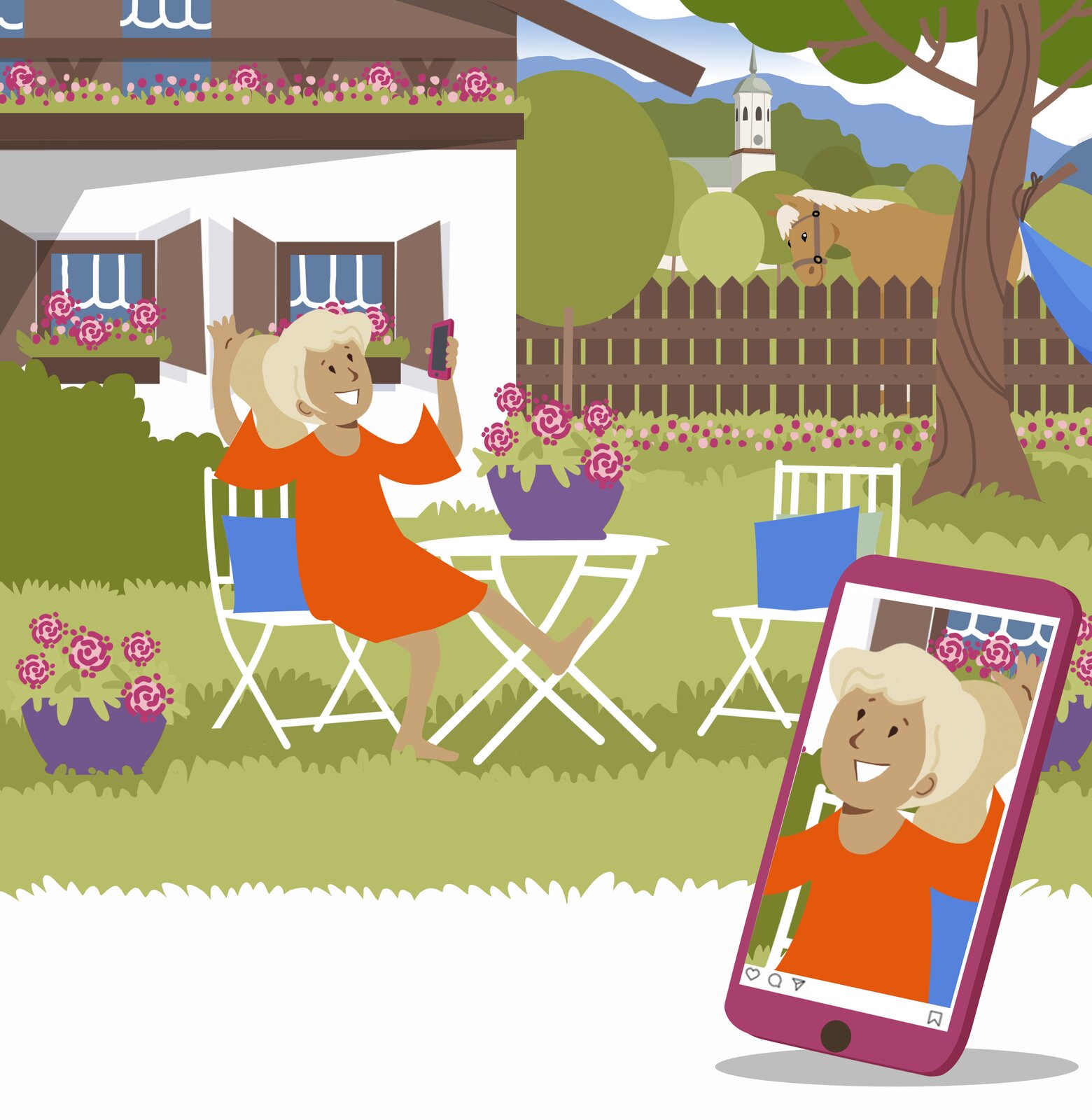Ilustracja przedstawia roześmianą dziewczynkę siedzącą w ogrodzie, trzymającą w ręku smartfon. 