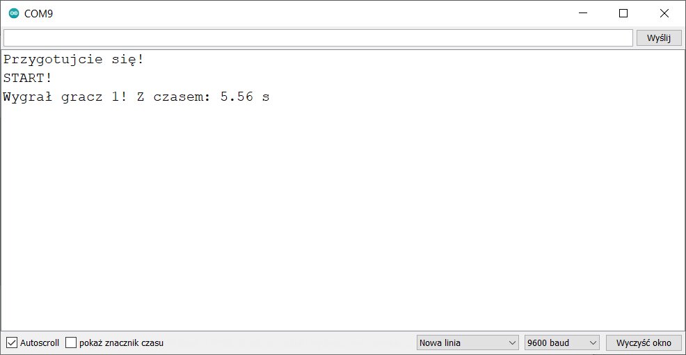 Zdjęcie ekranu konsoli arduino z tytułem "COM9" z wydrukowanym napisem "Przygotujcie się!" w pierwszej linii, w nowej linii napis "START!", a w ostatniej "Wygrał gracz 1! Z czasem: 5.56 s".