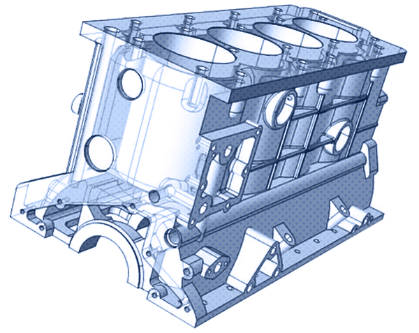 Ilustracja przedstawia blok silnika rzędowego przypominający kształtem prostopadłościan lekko rozszerzony u dołu. Wewnątrz prostopadłościanu znajdują się otwory cylindryczne w kształcie czterech rur.