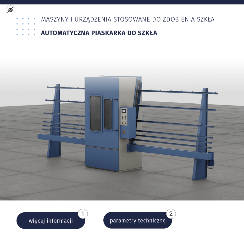 Ilustracja przedstawia planszę interaktywną z rysunkiem automatycznej piaskarki do szkła. Na planszy znajdują się interaktywne punkty, po kliknięciu których wyświetlone zostaną dodatkowe treści.