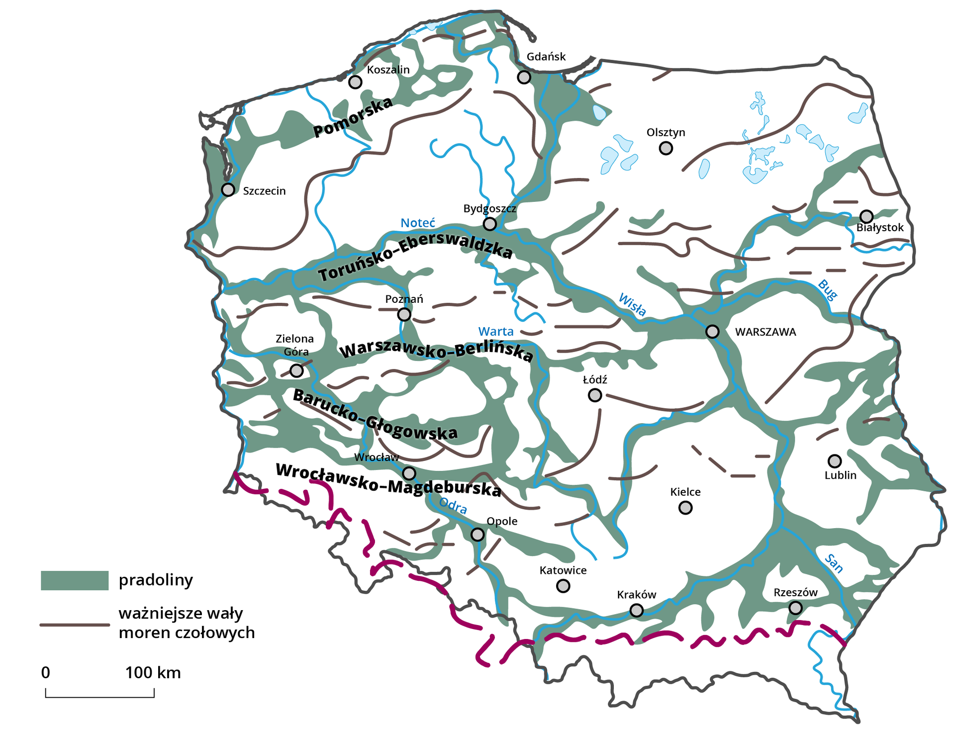 Na mapie Polski zaznaczono pradoliny oraz ważniejsze wały moren czołowych. Większość pradolin występuje w pobliżu rzek. Na północy, na zachodnim wybrzeżu, w wielu miejscach nie pokrywają się z rzekami. Pradoliny występują na całym obszarze kraju z wyjątkiem części północno-wschodniej. Wały moren występują miejscami na całym obszarze Polski. 