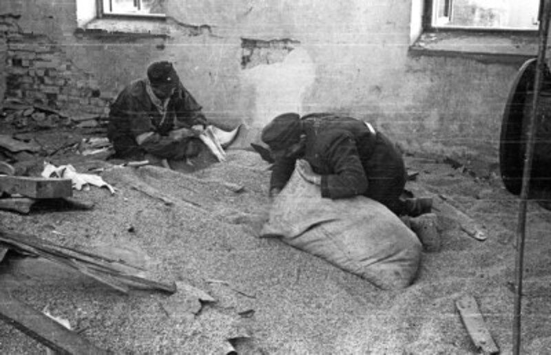 Fotografia przedstawia wnętrze magazynu, w którym na podłodze leży kopiec zboża. Dwaj ubrani w mundury powstańcze mężczyźni z opaskami na ramionach pakują do worków zboże. W ścianie widoczne są rozbite okna i uszkodzone w wyniku wybuchów mury. 