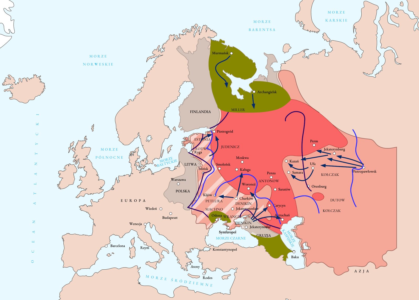 Interaktywna mapa pokazująca działania wojenne podczas wojny domowej w Rosji w latach 1918‑1919. Pokazane są działania wojenne do lata 1918 r. (obszar od Piotrogrodu do okolic Archanielska, Permu, Saratowa, Astrachania, Woroneża, Smoleńska).  Na mapie są zaznaczone państwa, które odzyskały niepodległość po I wojnie światowej (Finlandia, Litwa, Polska, Gruzja, Armenia, Azerbejdżan), Przez mapę ciągną się linie frontów wojsk Kołczaka i Denikina (od północnej Skandynawii do okolic Archangielska, od Piotrogrodu przez Estonię, Łotwę, Mińsk, Kijów do Odessy, od Kijowa do okolic Woroneżu do Atrachania, od północnych terenów Rosji do okolic Permu, Ufa, Orenburga), Terytoria czasowo zajęte przez państwa Ententy na terenie Rosji w okresie wojny domowej obejmują półwysep Skandynawski od Murmańska po tereny wokół Archangielska, a także tereny Odessy i okolic i tereny Armenii i Azerbejdżanu),  Ruchy wojsk biegną od Murmańska na południe, od Archangielska na południe, od Estonii i Łotwy w kierunku Piotrogrodu, od Charkowa w kierunku Kijowa i Kaługi, od Denkinu do Woroneża, Carycyna, Astrachania, z Ufy do Kazania i Samary, z Jekaterynburga do okolic Perm i Kazania, z Pietropawłowska do okolic Jekaterynburga i Ufy  