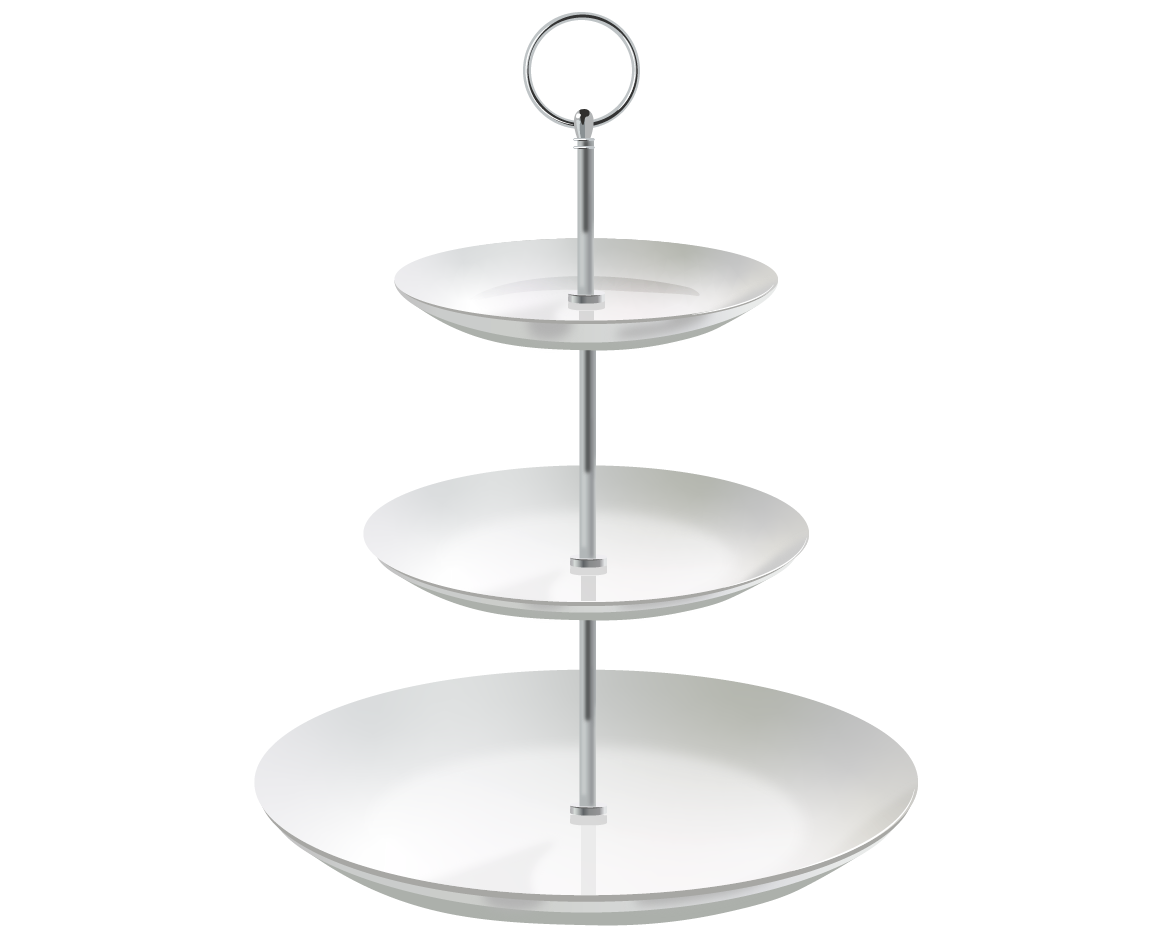 Grafika przedstawia naczynie‑paterę, która składa się z trzech porcelanowych talerzy, połączonych metalowym pionowym elementem, zakończonym u góry kółkiem.