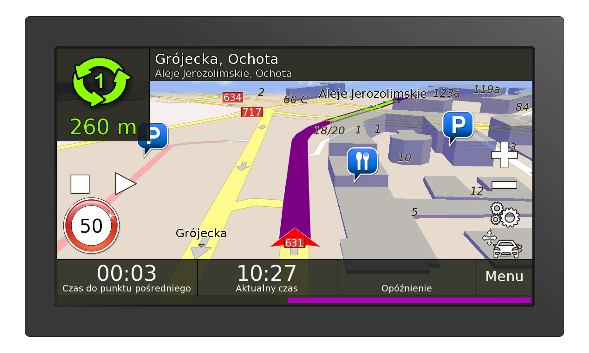 Ilustracja przedstawia wyświetlacz urządzenia do samochodowej nawigacji. Na wyświetlaczu ukazana jest kolorowa mapa. Na górze wyświetlacza znajduje się aktualna nazwa ulicy oraz dzielnica Warszawy. Informacja to: „Grójecka, Ochota; Aleje Jerozolimskie, Ochota”. W dolnej części wyświetlacza znajdują się informacje podające czas przejazdu do punktu pośredniego. Wyświetla się również aktualny czas. W prawym dolnym rogu napis „Menu”. Na wyświetlaczu widoczne są dwa pasy ulicy Grójeckiej. Ulica przedstawiona jest w perspektywie. Wzdłuż ulicy wyświetlają się szare strzałki wskazujące grotem kierunek jazdy. Prawa strona mapy przedstawia zabudowaną część miasta. Budynki, restauracje i parking są przedstawione jako niebieskie bryły, znajdują się na nich umieszczone ich numery. W prawym dolnym rogu ekranu znajdują się również przyciski do powiększania widoku mapy (odpowiednio znak plusa i minusa) i wyboru opcji aplikacji. Po lewej stronie wyświetlacza widnieje znak ostrzegawczy - okrągły znak z czerwoną obwódką informuje o ograniczeniu prędkości do pięćdziesięciu kilometrów na godzinę.