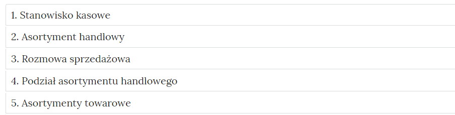 Grafika przedstawia wygląd zakładek z ćwiczeniami. Zakładki są prostokątne. Każda posiada tytuł, który wskazuje, czego dotyczą zamieszczone w zakładce ćwiczenia.