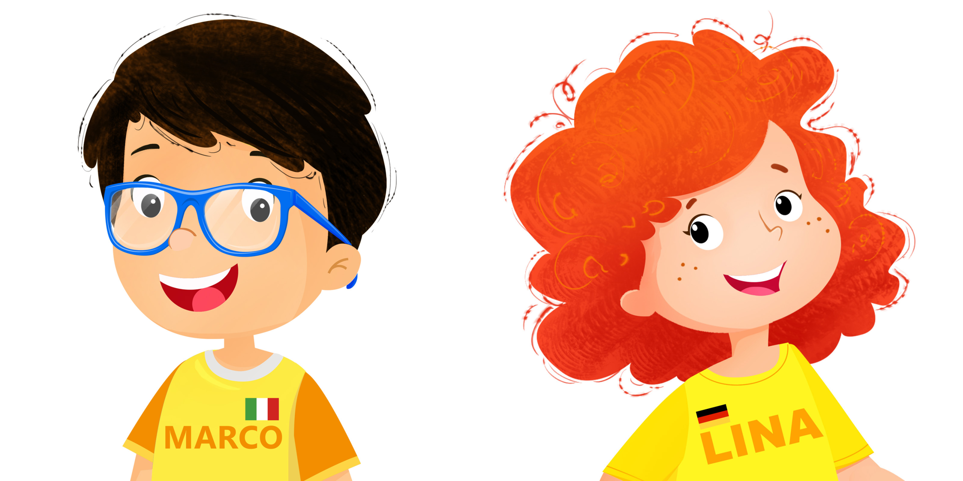Ilustracja przedstawia chłopca i dziewczynkę. Chłopiec ma na imię Marco. Na ubraniu ma przypiętą flagę Włoch o kolorach: zielonym, białym i czerwonym. Dziewczynka ma na imię Klara. Na ubraniu ma przypiętą flagę Niemiec o kolorach: czarnym, czerwonym i żółtym.