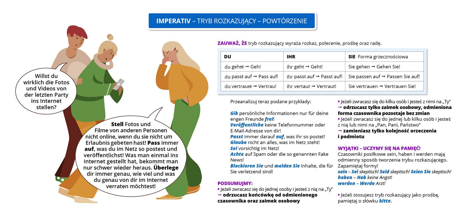 Ilustracja zawiera poradę językową. Ilustracja przedstawia rozmowę trojga młodych ludzi: dwóch kobiet i jednego mężczyzny. Jedna z kobiet patrzy na ekran smartfonu. Obok widoczny jest dymek zawierający napis: Imperativ - tryb rozkazujący - powtórzenie. Pozostałą część grafiki stanowi tekst, którego treść wyświetla się w trybie dostępności.