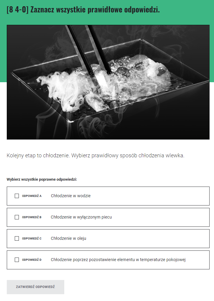 Ekran zadania służącego na zaznaczeniu dwóch lub więcej prawidłowych odpowiedzi w grze edukacyjnej