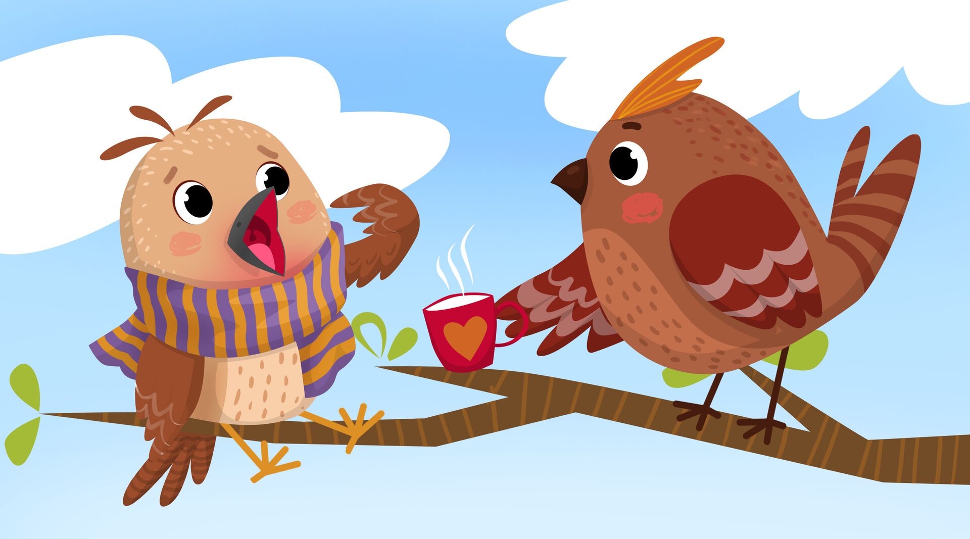Ilustracja przedstawia dwa ptaki na gałęzi. Jeden ma szalik i pokazuje na bolący dziób. Drugi podaje mu ciepłe mleko. 
