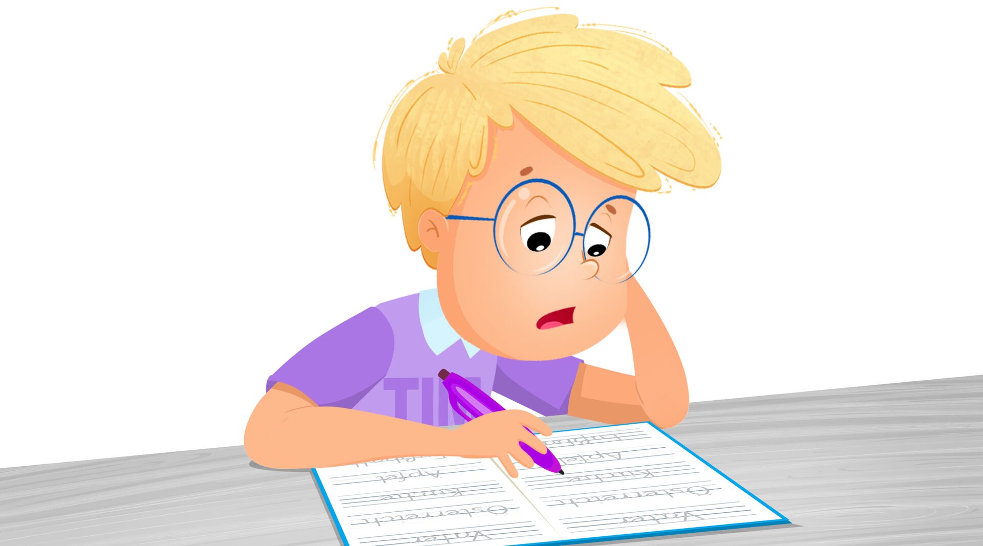 Na ilustracji znajduje się zmęczony chłopiec, który odrabia lekcje.