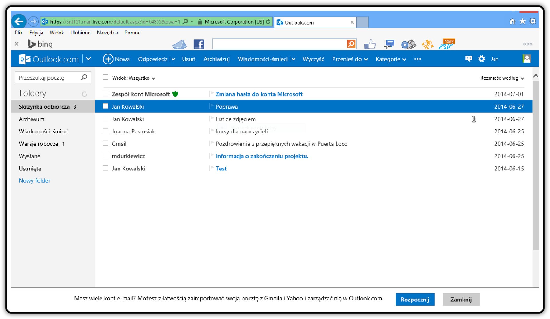 Zrzut okna skrzynki odbiorczej poczty Outlook.com