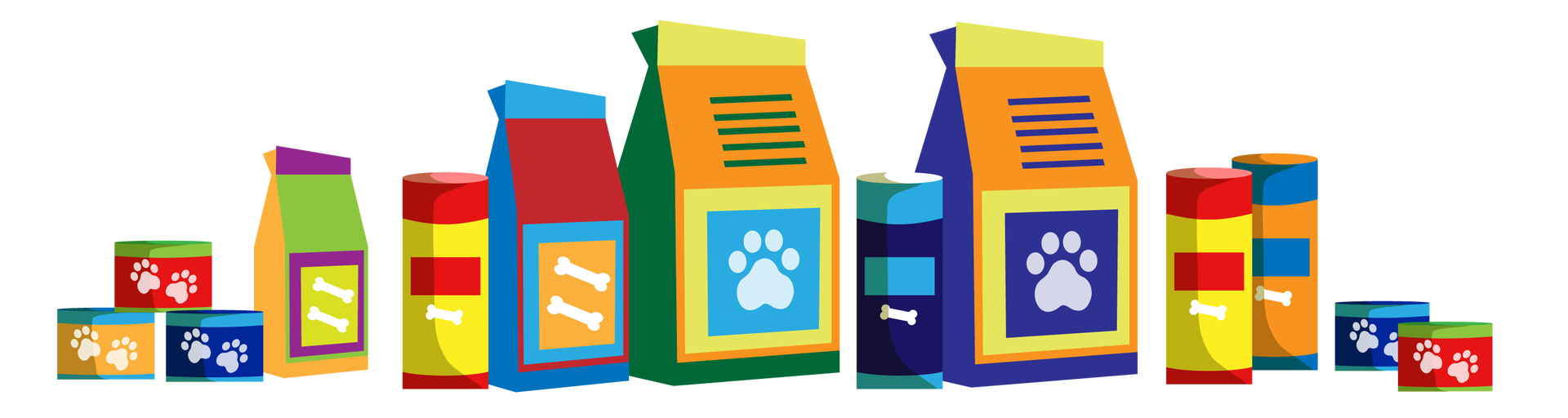 Ilustracja przedstawia dużo kolorowych opakowań psiej i kociej karmy ustawionych jedno przy drugim. Są to puszki, okrągłe pojemniki i worki różnej wielkości.
