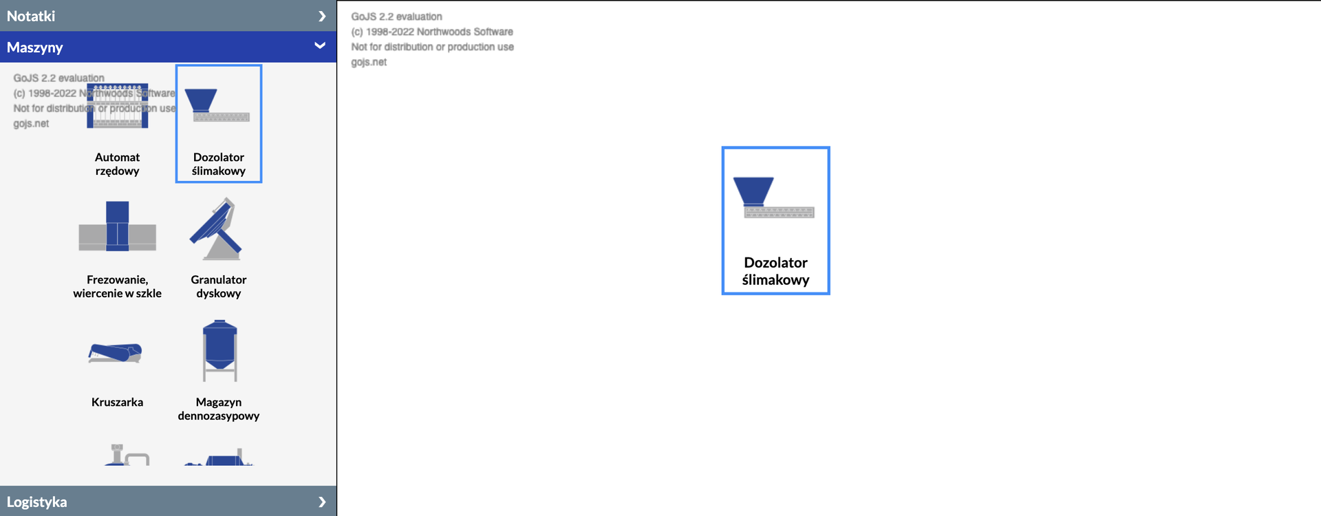 Grafika przedstawia przykładowy widok panelu Programu do projektowania przez dobieranie. Ukazana jest zawartość zakładki maszyny. W zakładce przedstawione są za pomocą rysunku i napisu następujące maszyny: automat rzędowy, dozolator ślimakowy, frezowanie wiercenie w szkle, granulator dyskowy. Kruszarka, magazyn dennozasypowy, Zaznaczony jest dozolator ślimakowy. Ukazuje się on na głównym ekranie panelu.