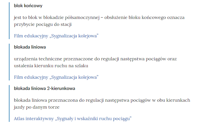 Zrzut ekranu przedstawia kilka pojęć ze Słownika. Konstrukcja jest następująca: pojęcie, poniżej jego wyjaśnienie, a pod nim znajduje się link, po którego kliknięciu użytkownik przenosi się do rozdziału w tym materiale, w którym dane pojęcie jest wykorzystywane. Linków może być jeden lub kilka, w zależności od tego, w ilu rozdziałach użyto pojęcia.