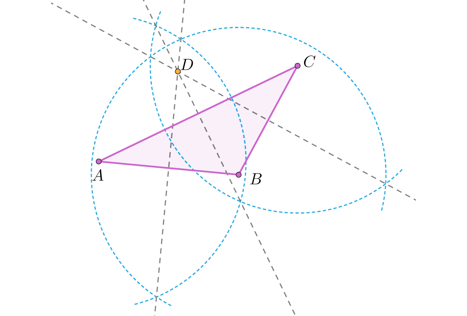 Ilustracja przedstawia trójkąt rozwartokątny A B C, przy czym kąt ABC jest kątem rozwartym. Z każdego wierzchołka narysowano łuk o takim samym promieniu. Przez wierzchołki oraz punkty przecięcia się łuków liniami przerywanymi poprowadzono proste. Punkt przecięcia się prostych zaznaczono literą D, punkt ten leży na poza obszarem trójkąta.