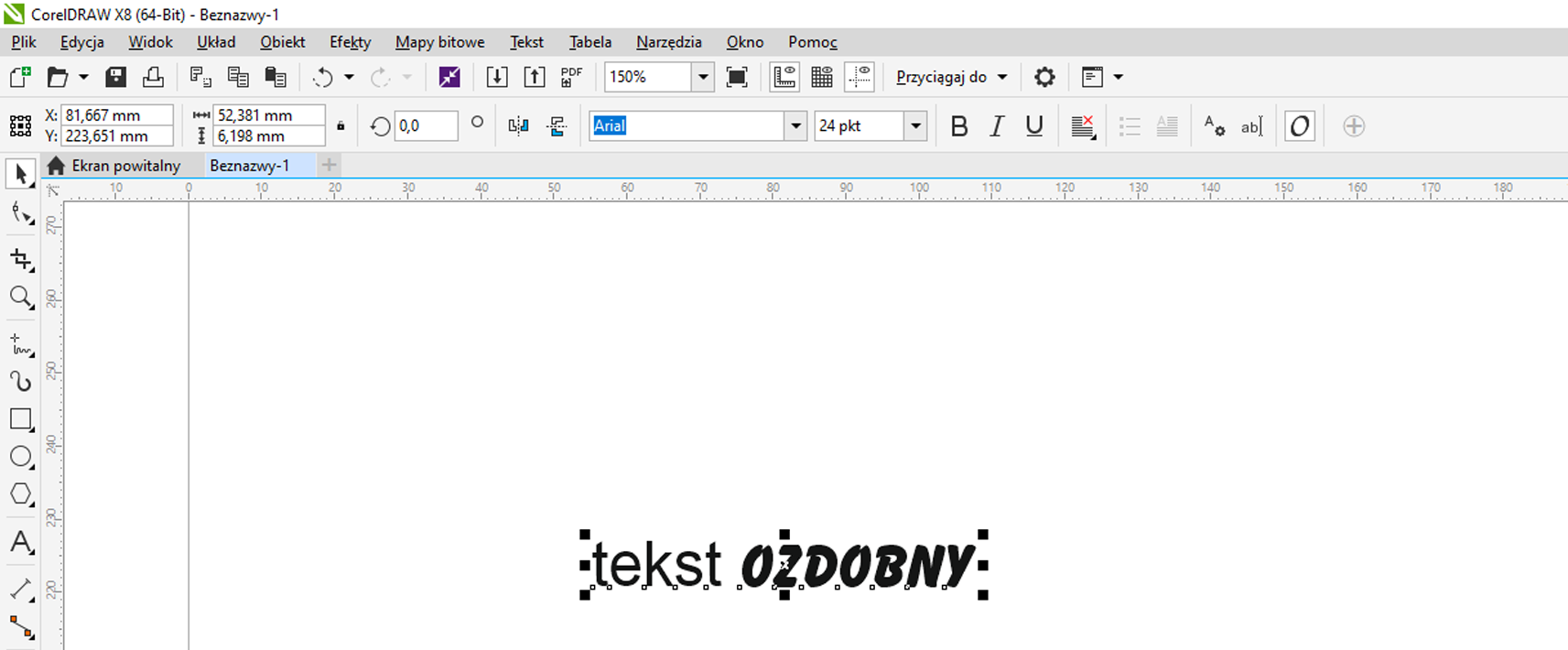 Zrzut ekranu przedstawia program CorelDRAW.Zmieniono czcionkę zaznaczonego tekstu ozdobnego.