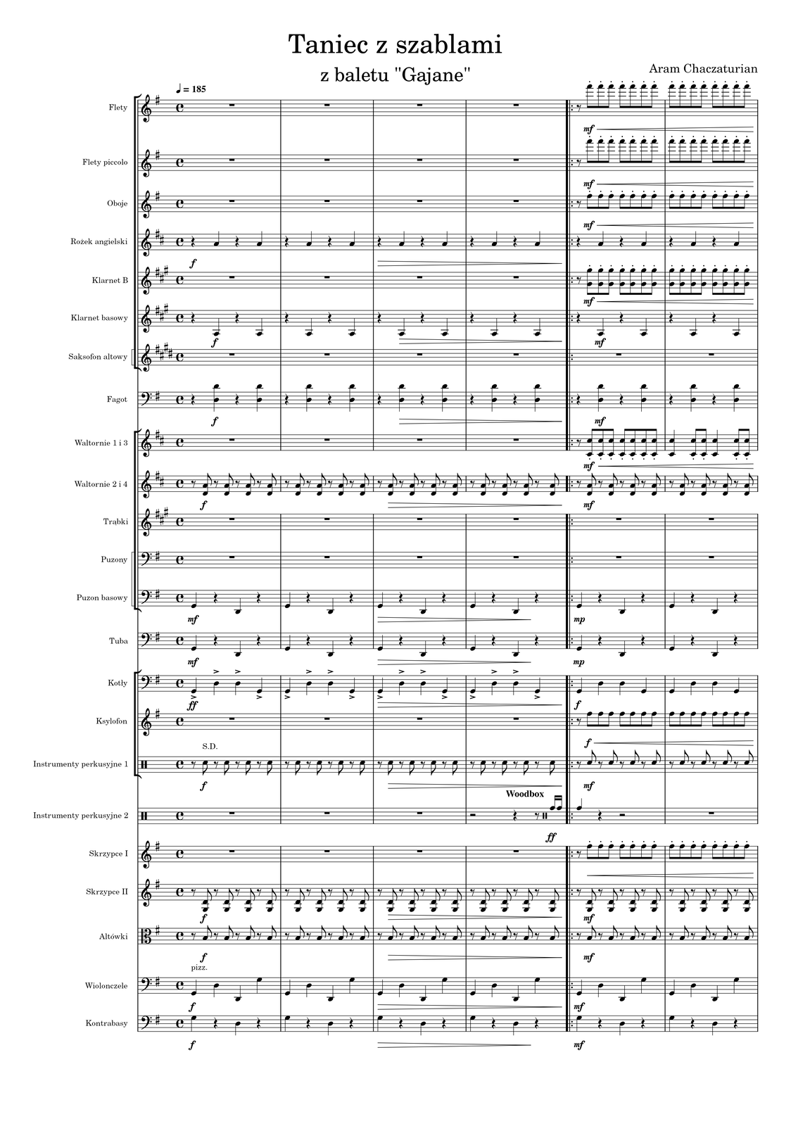Ilustracja przedstawia stronę numer 1 z partytury „Taniec z szablami” Arama Chaczaturiana.