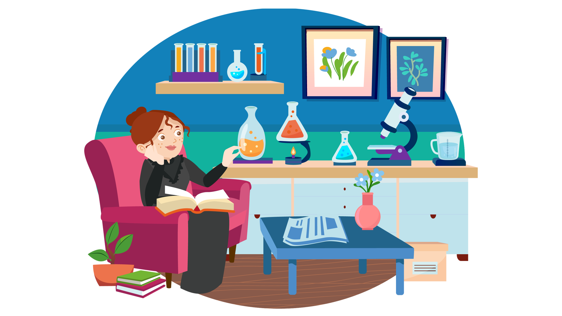 Ilustracja przedstawia laboratorium. W tle widać niebiesko‑zieloną ścianę, na której po lewej stronie wisi jasnobrązowa półka. Na półce stoi kilka szklanych probówek wypełnionych kolorowymi płynami. Po prawej stronie wiszą dwa obrazki w granatowych ramkach. Pierwszy przedstawia niebieskie kwiatki o zielonych łodygach na białym tle, a drugi gałązkę o zielonych listkach na ciemnoniebieskim tle. Pod ścianą stoi błękitna szafka z beżowym blatem. Na blacie znajduje się kilka szklanych probówek wypełnionych kolorowymi płynami, mikroskop oraz szklany dzbanek z wodą. Przed szafką, po prawej stronie ilustracji, stoi na podłodze beżowe pudełko z pokrywką, a obok niego niski granatowy stolik. Na stoliku leży gazeta oraz stoi jasnoróżowy wazonik z dwoma niebieskimi kwiatkami. Po lewej stronie widać na podłodze zieloną roślinę w pomarańczowej donicy oraz dwie książki ułożone jedna na drugiej. Pierwsza ma zieloną okładkę, a druga bordową. Nieco dalej stoi bokiem ciemnoróżowa kanapa, na której siedzi Maria Skłodowska‑Curie. Jest to kobieta o brązowych włosach upiętych w kok, ubrana w długą czarną suknię z długimi rękawami. Opiera głowę na prawej dłoni, a lewą dłonią dotyka jednej z probówek znajdujących się na szafce. Na jej kolanach leży otwarta książka w pomarańczowej okładce.