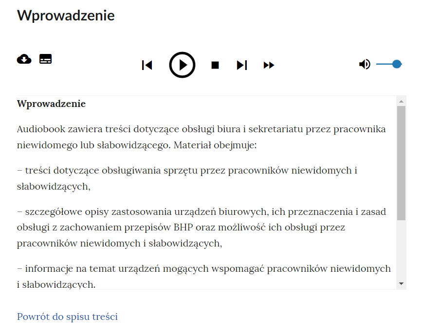 Widok na przykładowy rozdział audiobooka, który jest wprowadzeniem. Na początku znajduje się panel obsługi i możliwości uruchomienia audiobooka, pod spodem jego treść.