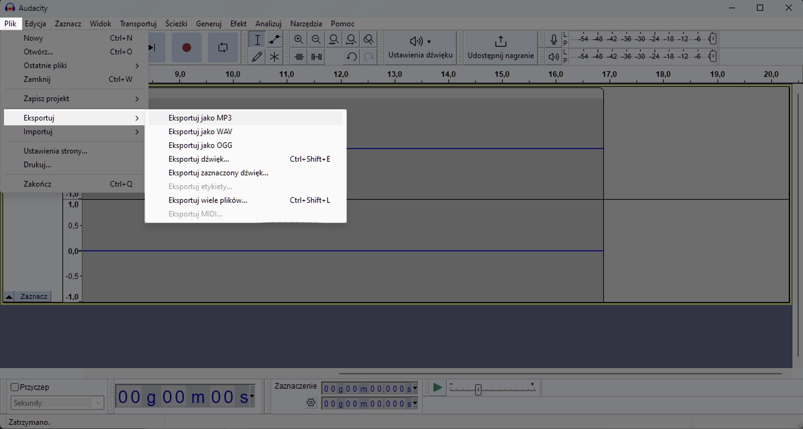 Zrzut ekranu przedstawia wycinek okna programu Audacity z rozwiniętymi opcjami nagłówka "Plik".  Zaznaczoną opcją Eksportuj jako. Rozwinęła się lista ośmiu pozycji Eksportuj jako MP trzy, Eksportuj jako WAV, Eksportuj jako OGG, Eksportuj dźwięk, skrót Ctrl+Shift+E, Eksportuj zaznaczony dźwięk. Eksportuj etykiety – nie możliwe do wybrania, Eksportuj wiele plików skrót Ctra+Shift+L oraz Eksportuj MDI – niemożliwe do wybrania. Wybrano Eksportuj jako MP trzy. 