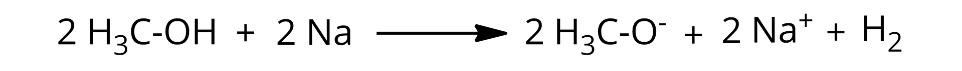 Ilustracja przedstawiająca równanie reakcji chemicznej pomiędzy alkoholem metylowym a sodem w zapisie jonowym. Dwie cząsteczki metanolu o strukturze zbudowanej z podstawnika metylowego CH3  połączonego z grupą hydroksylową dodać dwa atomy sodu. Strzałka w prawo, za strzałką dwa aniony metanolanowe o strukturze zbudowanej z podstawnika metylowego CH3 połączonego z atomem tlenu obdarzonym ładunkiem ujemnym dodać dwa kationy sodowe, dodać cząsteczka wodoru.