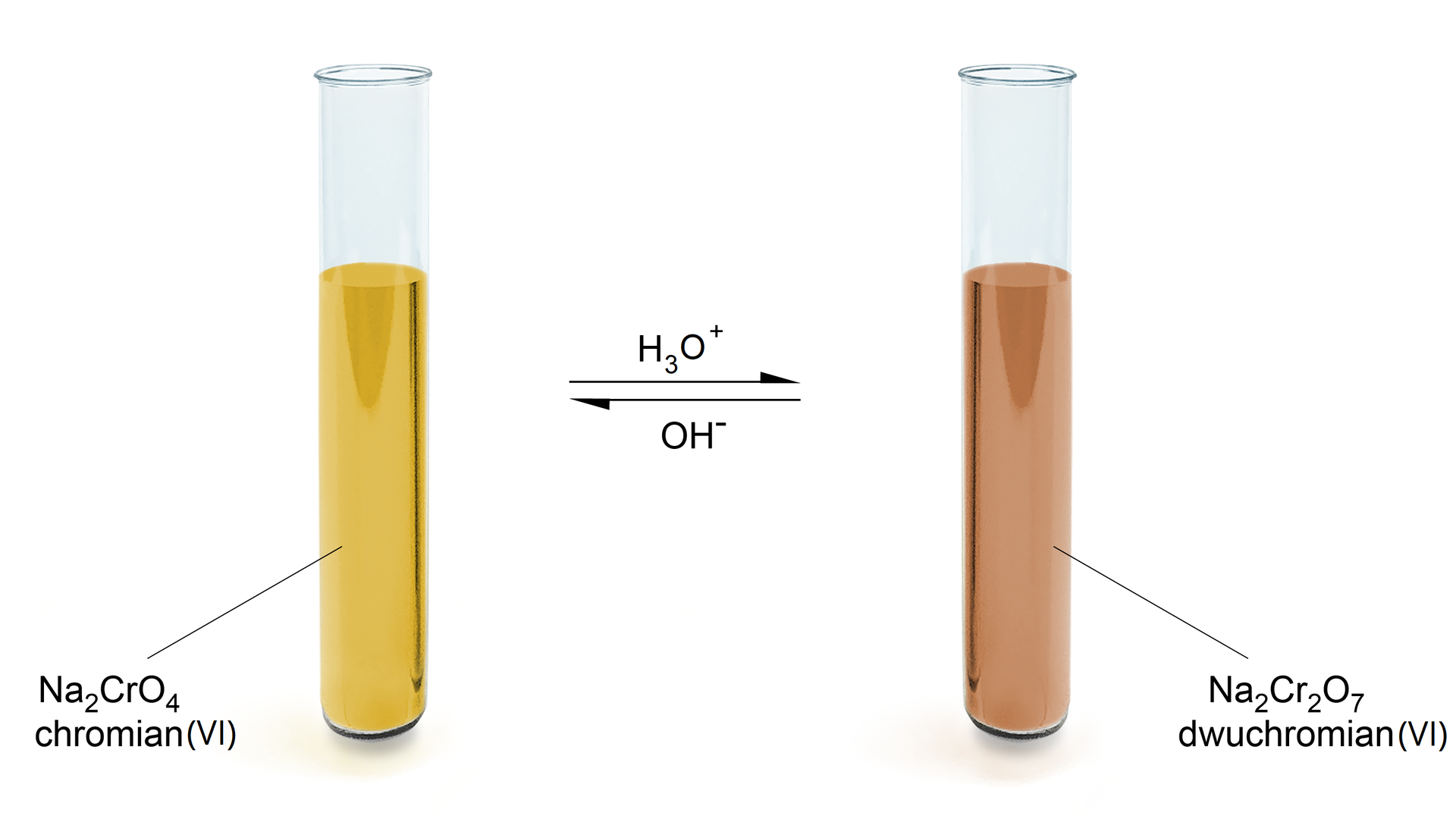 Na ilustracji są dwie probówki. W pierwszej jest żółty roztwór. To                N       a                 2                       C       r       O                 4         , chromian(VI). W drugiej jest                N       a                 2                       C       r                 2                       O                 7         , dwuchromian(VI). Jest jasnobrązowy. Pomiędzy probówkami są strzałki skierowane w przeciwnych kierunkach. Od probówki z chromianem do probówki z dwuchromianem nad strzałką jest jon hydroniowy. W druga stronę jest anion wodorotlenkowy.  