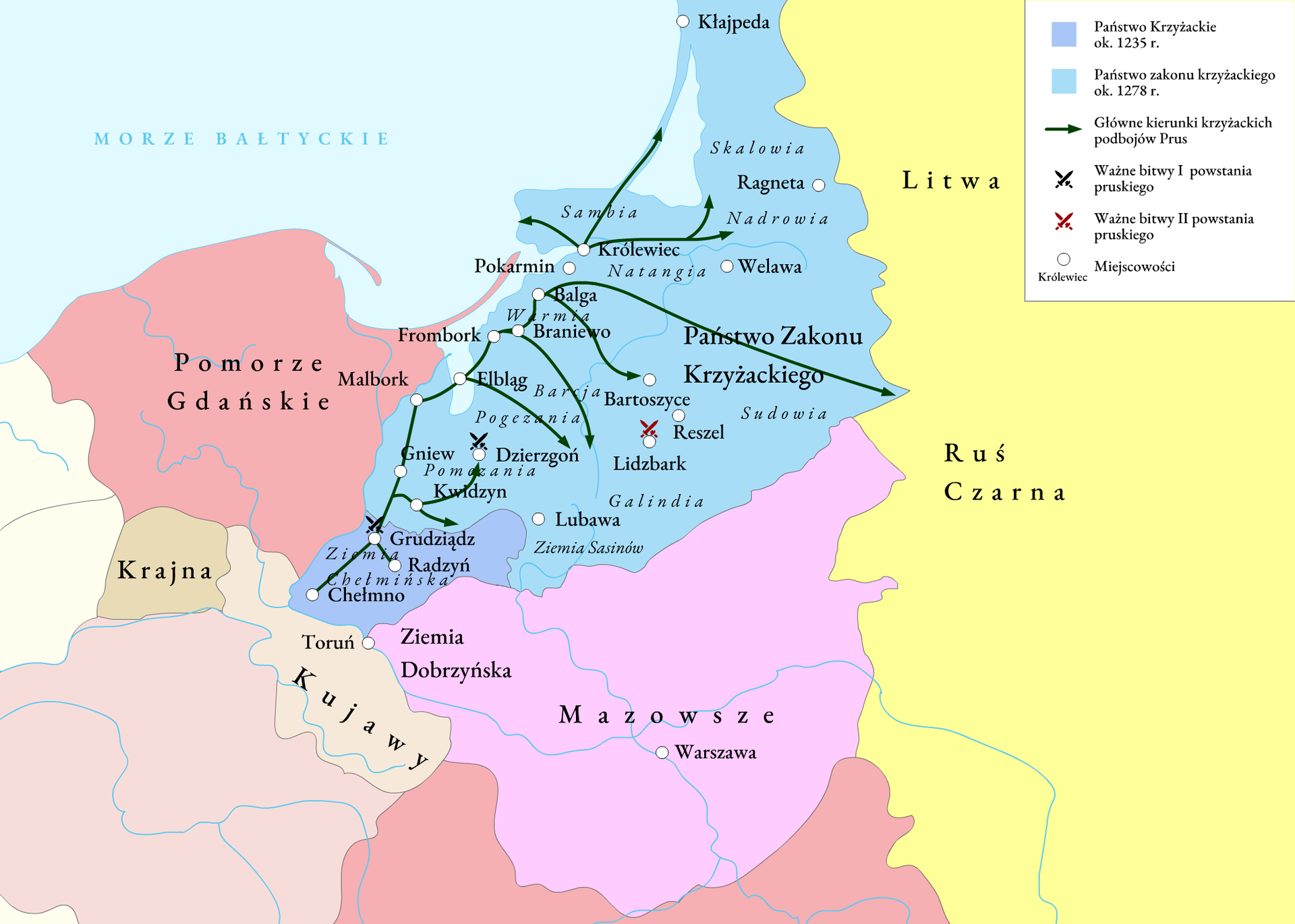 Na ilustracji mapa Państwa zakonnego pod koniec XIII wieku. Zawiera informacje o zasięgu terytorialnym państwa zakonnego.