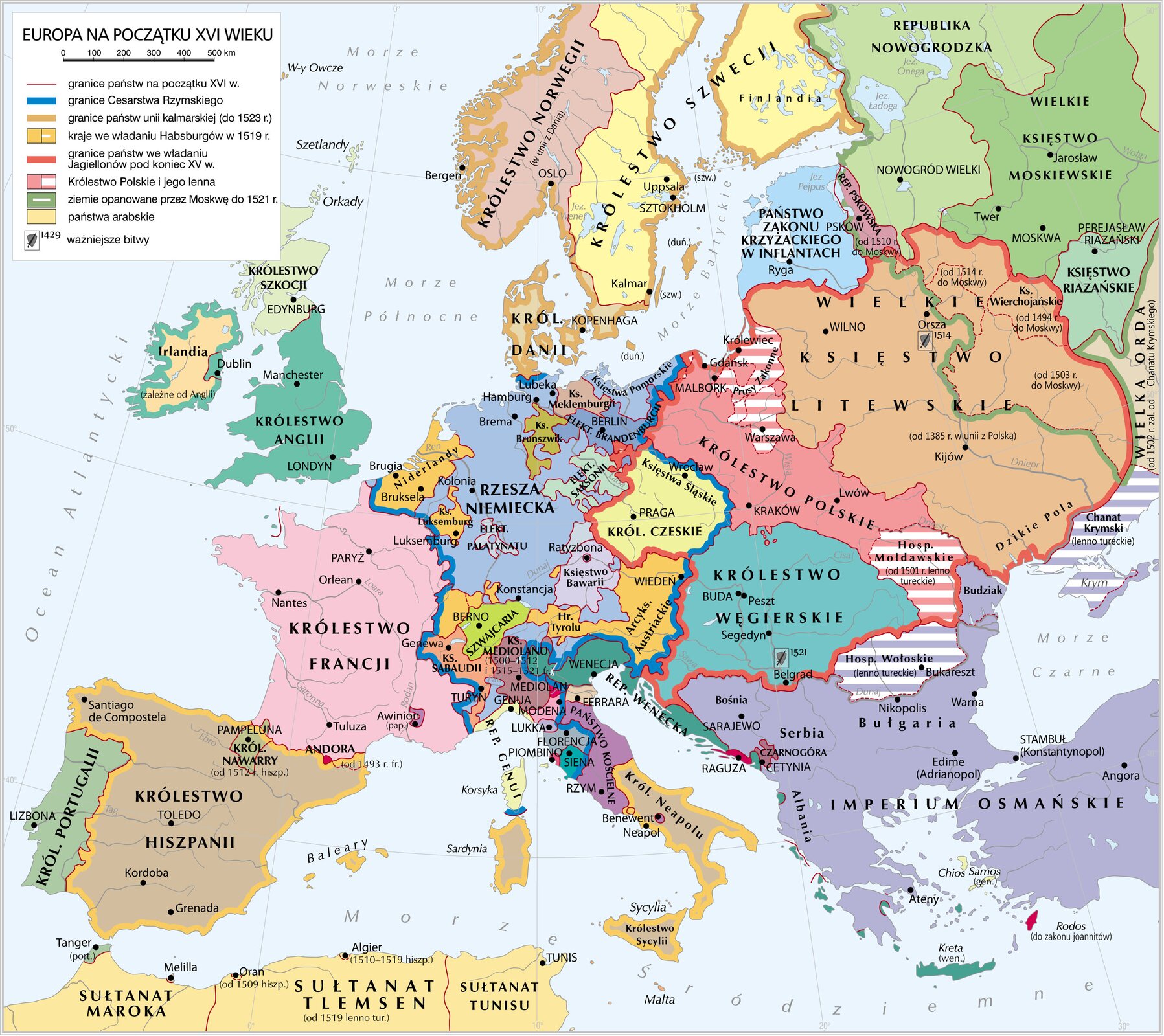 Mapa przedstawia Europę na początku 16 wieku. Zaznaczono granice Cesarstwa Rzymskiego obejmującego w tamtym czasie zachodnią Europę. Zachodnią granicą Cesarstwa Rzymskiego była granica z Francją, na wschodzie natomiast z Królestwem Polskim i Królestwem Węgierskim. Na południu docierała do połowy Półwyspu Apenińskiego (bez Wenecji). Granice państw unii kalmarskiej (do 1523vroku) obejmowały Finlandię, Królestwo Szwecji, Norwegii i Danii oraz Królestwo Hiszpanii, Królestwo Neapolu, Królestwo Sycylii oraz Sardynie. Kraje we władaniu Habsburgów w 1519 roku to Niderlandy, Księstwo Luksemburg, Hrabstwo Tyrolu, Arcyksięstwo Austriackie i niewielki obszar na północy od Szwajcarii.  Granice państw we władaniu Jagiellonów pod koniec 15 wieku obejmowały Królestwo Polskie (podłużny pas od Gdańska, malborka, przez Kraków, aż na południe od Lwowa). Lenna Polski to Prusy Zakonne z Królewcem i Warszawą, Hospodarstwo Mołdawskie (od 1501 roku lenno tureckie). W granicach państw we władaniu Jagiellonów pod koniec 15 wieku oprócz wyżej wymienionych znajdowało się Księstwo Śląskie z Wrocławiem, Królestwo Czeskie z Pragą, Królestwo Węgierskie z Budą, Pesztem i Segedynem oraz Belgradem, a także Wielkie Księstwo Litewskie z Wilnem i Kijowem oraz Dzikimi Polami. Ziemie opanowane przez Moskwę do 1521 roku na zachodzie nachodziły szerokim pasem na wschodnie rubieże Wielkiego Księstwa Litewskiego.