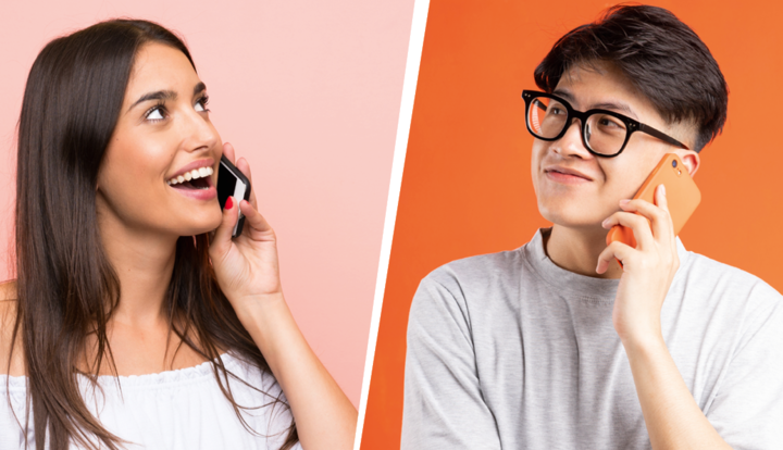 Ilustracja jest podzielona na dwie części ukośną kreską. Po lewej stronie znajduje się dziewczyna, po prawej chłopak. Rozmawiają przez telefony.