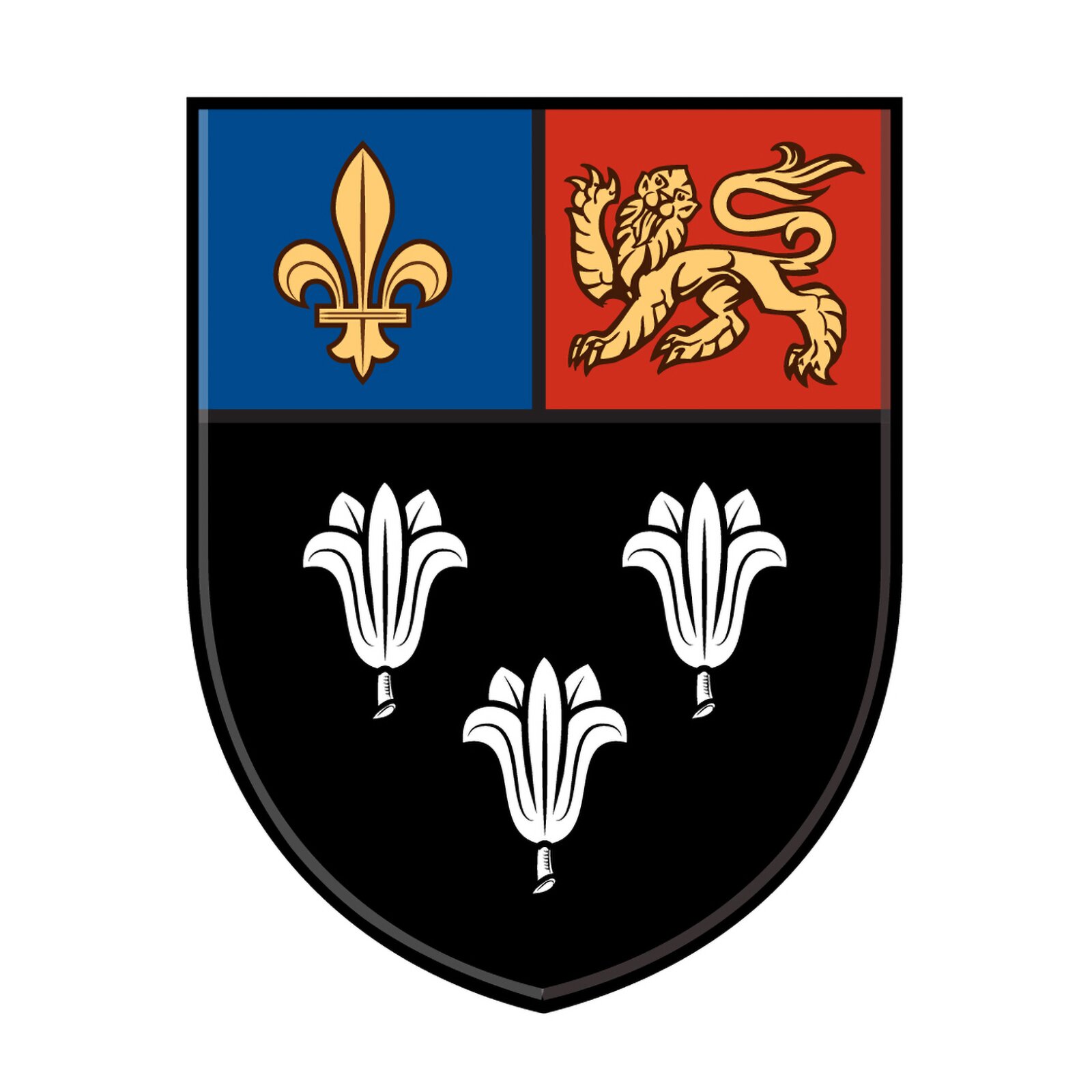 Grafika przedstawia herb składający się z trzech części. Lewa góra część, czyli figura, którą w tym przypadku jest francuski fleur‑de‑lys, figura heraldyczna w kształcie stylizowanego kwiatu lilii w kolorze żółtym. Prawa górna części, czyli godło, to angielski lew ukazany na czerwonym tle. Natomiast dolną część, czyli tarczę, tworzą trzy podobizny białych lilii na czarnym tle.