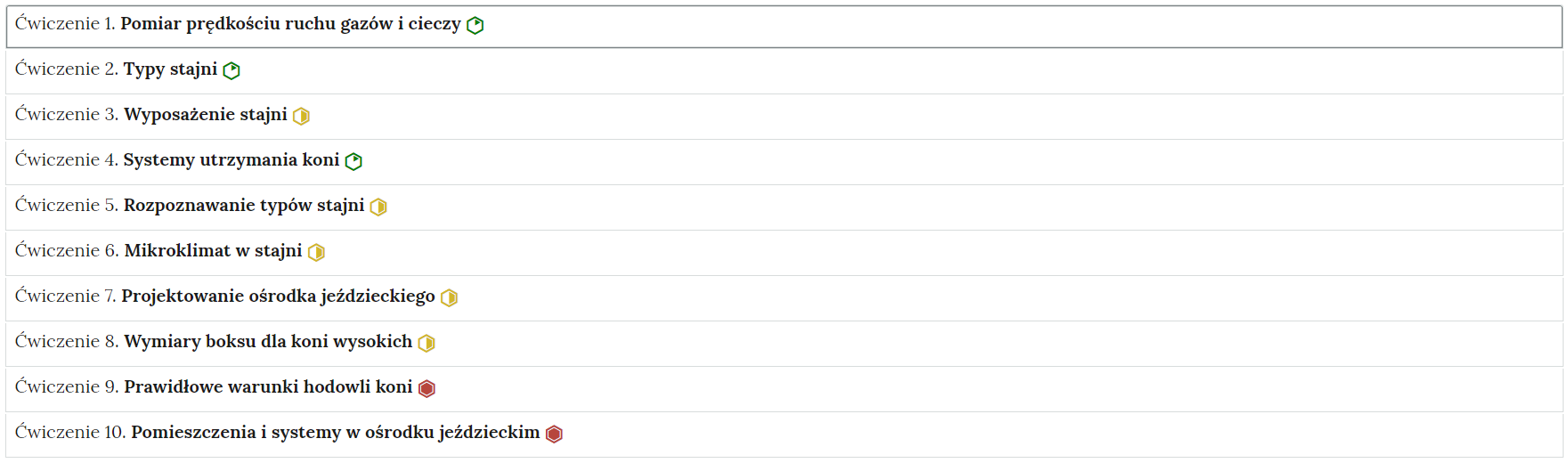 Grafika przedstawia przykładowy widok ogólny harmonii z dziesięcioma interaktywnymi materiałami sprawdzającymi. Jest to kolumna z dziesięcioma wierszami. Wewnątrz każdego z nich został umieszczony numer ćwiczenia wraz z nazwą działu, którego dotyczy. Z boku dodatkowo znajduje się ikonka w kształcie sześciokąta oznaczająca poziom trudności. Zielona oznacza łatwy, żółta średni, a czerwona trudny. Po kliknięciu danego wiersza ukazuje się wybrane ćwiczenie.