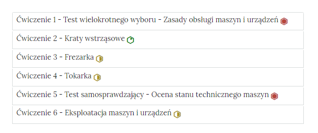 Zrzut ekranu przedstawia fragment harmonii z ćwiczeniami interaktywnymi. Składa się ona z zakładek w formie poziomych pasków jeden pod drugim. Na każdym pasku znajduje się numer ćwiczenia i tytuł odnoszący się do partii materiału, której dotyczy oraz z poziomu trudności. Ćwiczenie trzy. Typy chwytaków. poziom łatwy. Ćwiczenie cztery. Konwektor. poziom łatwy. Ćwiczenie pięć. konwektor Bessemara. poziom średni. Ćwiczenie sześć. Obróbka cieplna materiałów. poziom trudny. Ćwiczenie siedem. kształtowanie metalu. poziom siódmy.
