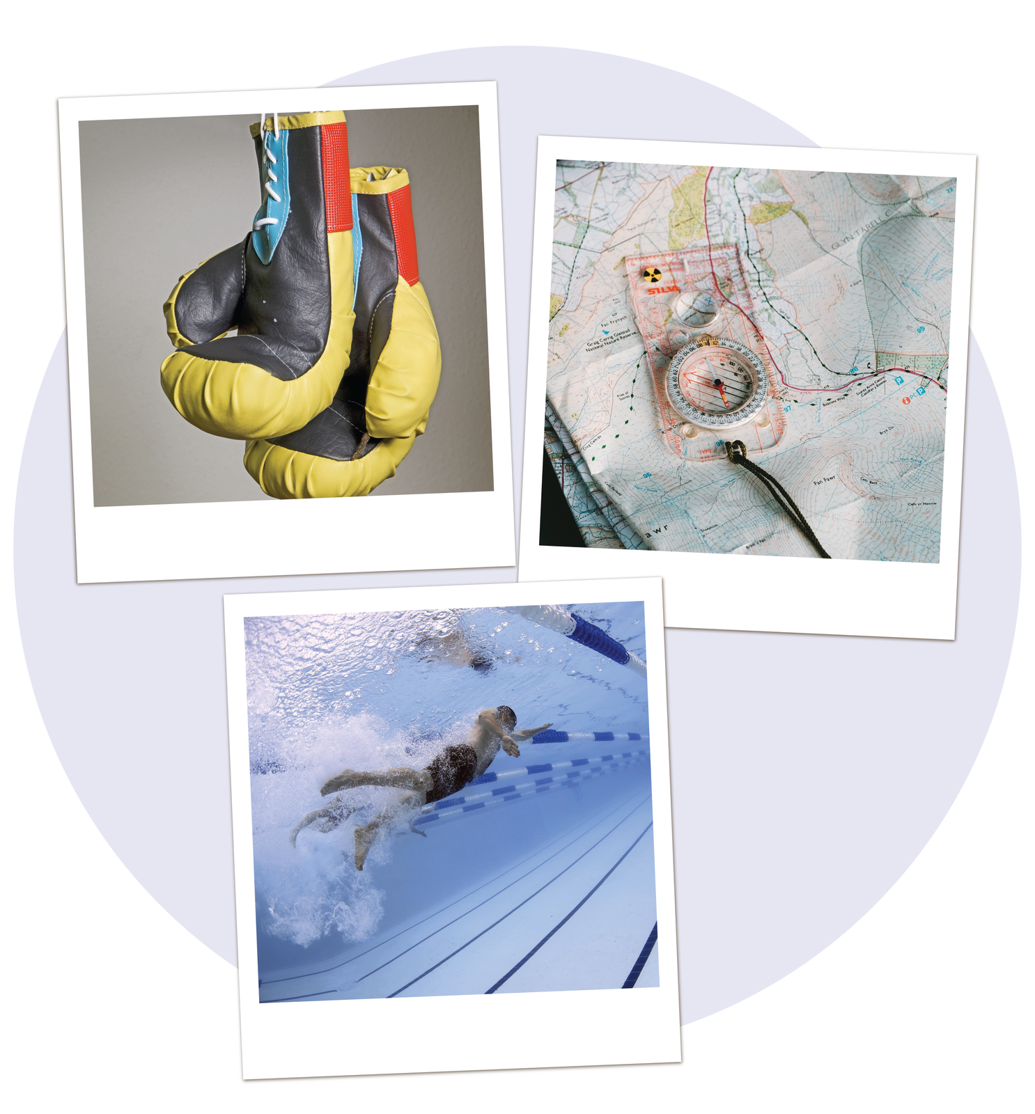 Ilustracja przedstawia kolaż z trzech fotografii. Na pierwszym zdjęciu znajdują się rękawice bokserskie, na kolejnym zdjęciu jest kompas na mapie, ostatnie zdjęcie przedstawia mężczyznę pływającego w basenie.