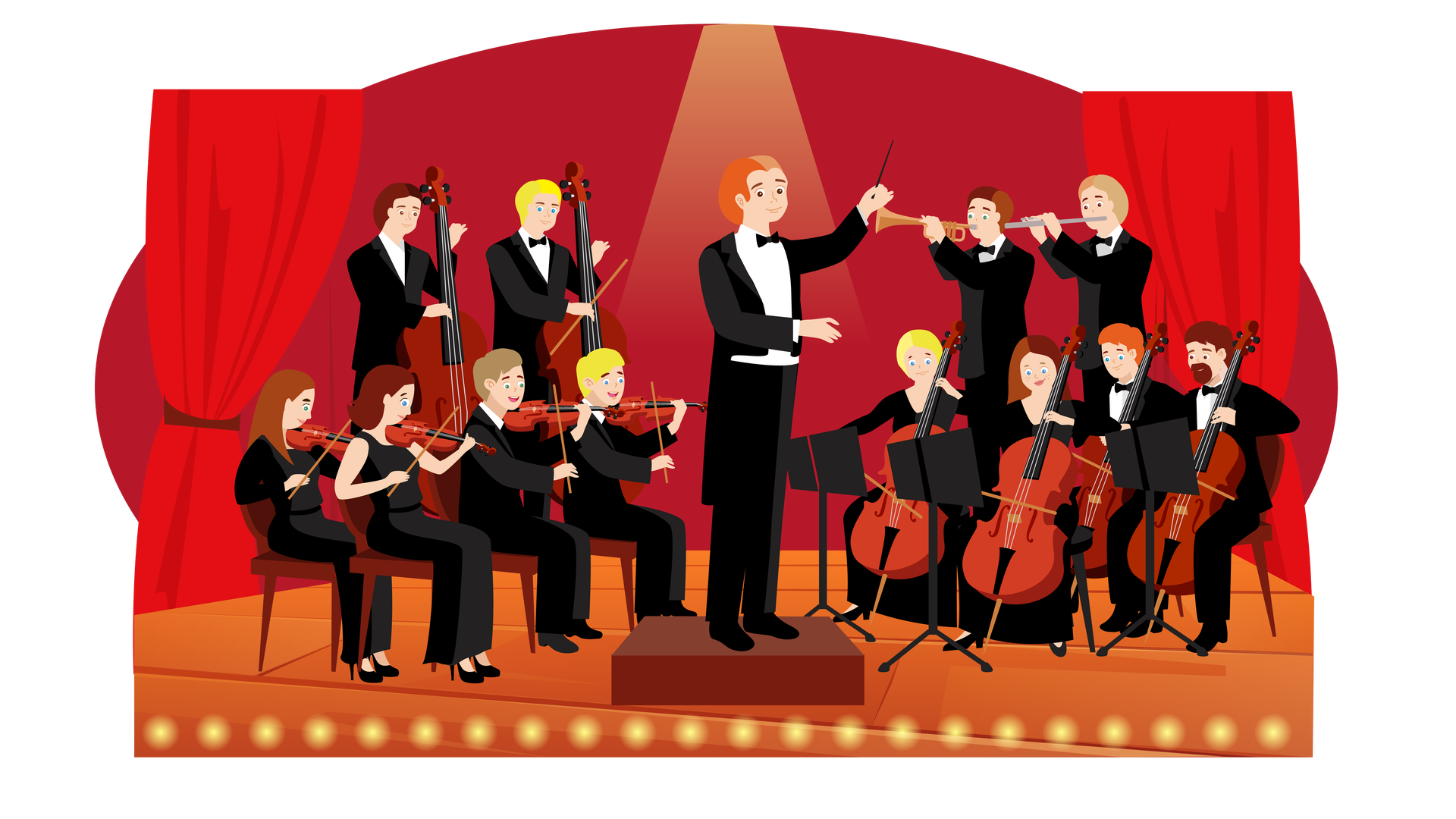 Ilustracja przedstawia pomarańczową scenę z czerwonymi kotarami po bokach. Na scenie stoją lub siedzą muzycy ubrani w czarne stroje. Są tam cztery kobiety i ośmioro mężczyzn, a także dyrygent. Dyrygent stoi na środku sceny, na brązowym podeście. W lewej dłoni trzyma batutę, czyli długą pałeczkę służącą do wskazywania muzykom, jak mają grać. Muzycy grają na różnych instrumentach. Widać skrzypce, wiolonczele, trąbkę oraz flet. Przed trzema osobami siedzącymi po prawej stronie stoją czarne stojaki, na których rozkłada się zapisy nutowe.