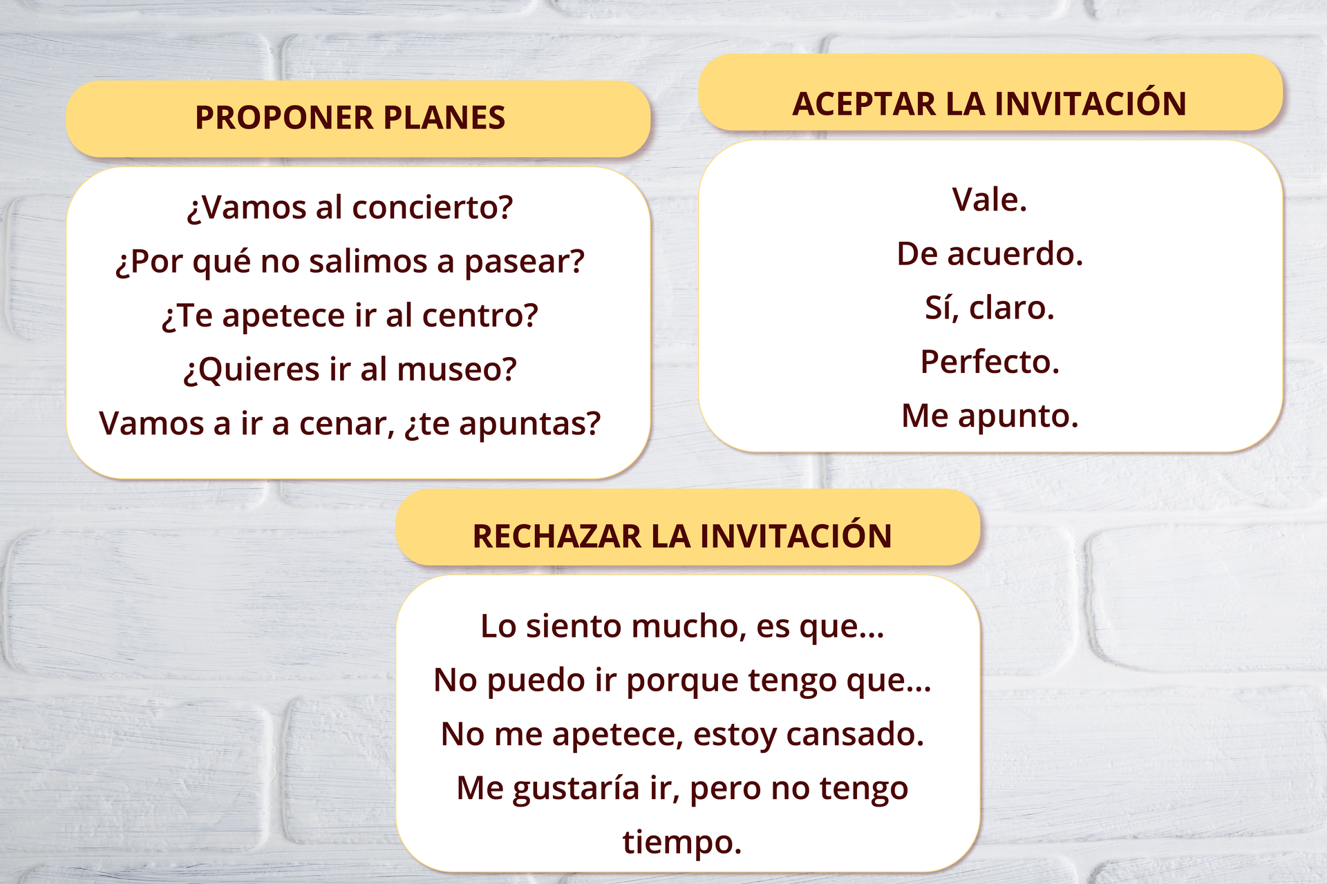 Grafika zawiera trzy tabelki z hiszpańskimi wyrażeniami.
Nagłówek pierwszej tabelki:PROPONER PLANES. Poniżej wyrażania:¿Vamos al concierto? ¿Por qué no salimos a pasear? ¿Te apetece ir al centro? ¿Quieres ir al museo? Vamos a ir a cenar, ¿te apuntas?
Nagłówek drugiej tabelki:ACEPTAR LA INVITACIÓN. Poniżej wyrażania:Vale. De acuerdo. Sí, claro. Perfecto. Me apunto.
Nagłówek trzeciej tabelki:RECHAZAR LA INVITACIÓN. Poniżej wyrażania:Lo siento mucho, es que… No puedo ir porque tengo que… No me apetece, estoy cansado. Me gustaría ir, pero no tengo tiempo.