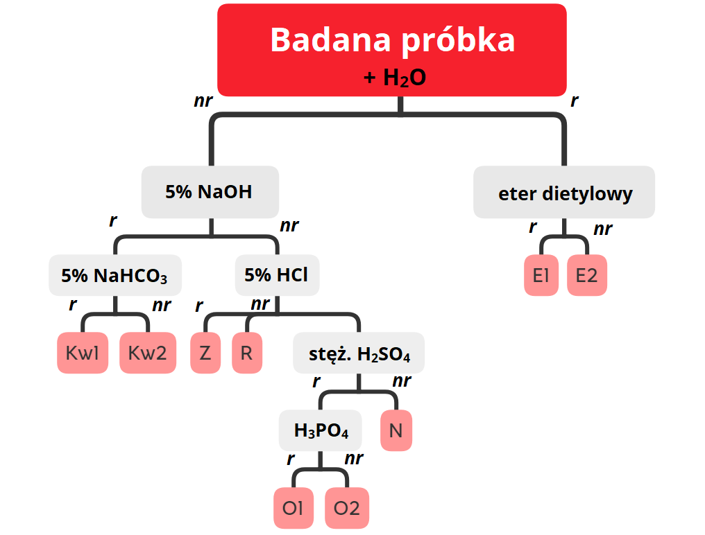 Ilustracja przedstawia następujący schemat. U góry w czerwonej ramce umieszczono zapis: badana próbka + H2O od tej ramki odchodzi linia rozdzielająca się na dwie w prawo i w lewo. Po lewej stronie nad linią znajduje się skrót nr, czyli nierozpuszczalna, a po prawej r czyli rozpuszczalna. Pod linią nr po lewej stronie zapisano 5% NaOH, od tego biegną dwie linie: w lewo r do 5% NaHCO3, w prawo nr do 5% HCl. Pod 5% NaHCO3 dwie linie: lewo r prowadzi do Kw1, w prawo nr do Kw2. Pod 5% HCl trzy linie: w lewo r do Z, środkowa nr do R i po prawej do stężonego H2SO4. I znów dwie linie: po prawej nr prowadząca do N, do lewej r prowadząca do H3PO4 i ponownie: lewo r do O1 i w prawo nr do O2. Od głównego hasła: badana próbka + H2O odchodzi linia w prawo podpisana r prowadząca do napisu eter dietylowy. Ponownie dwie linie lewa r do E1 i prawa nr do E2.