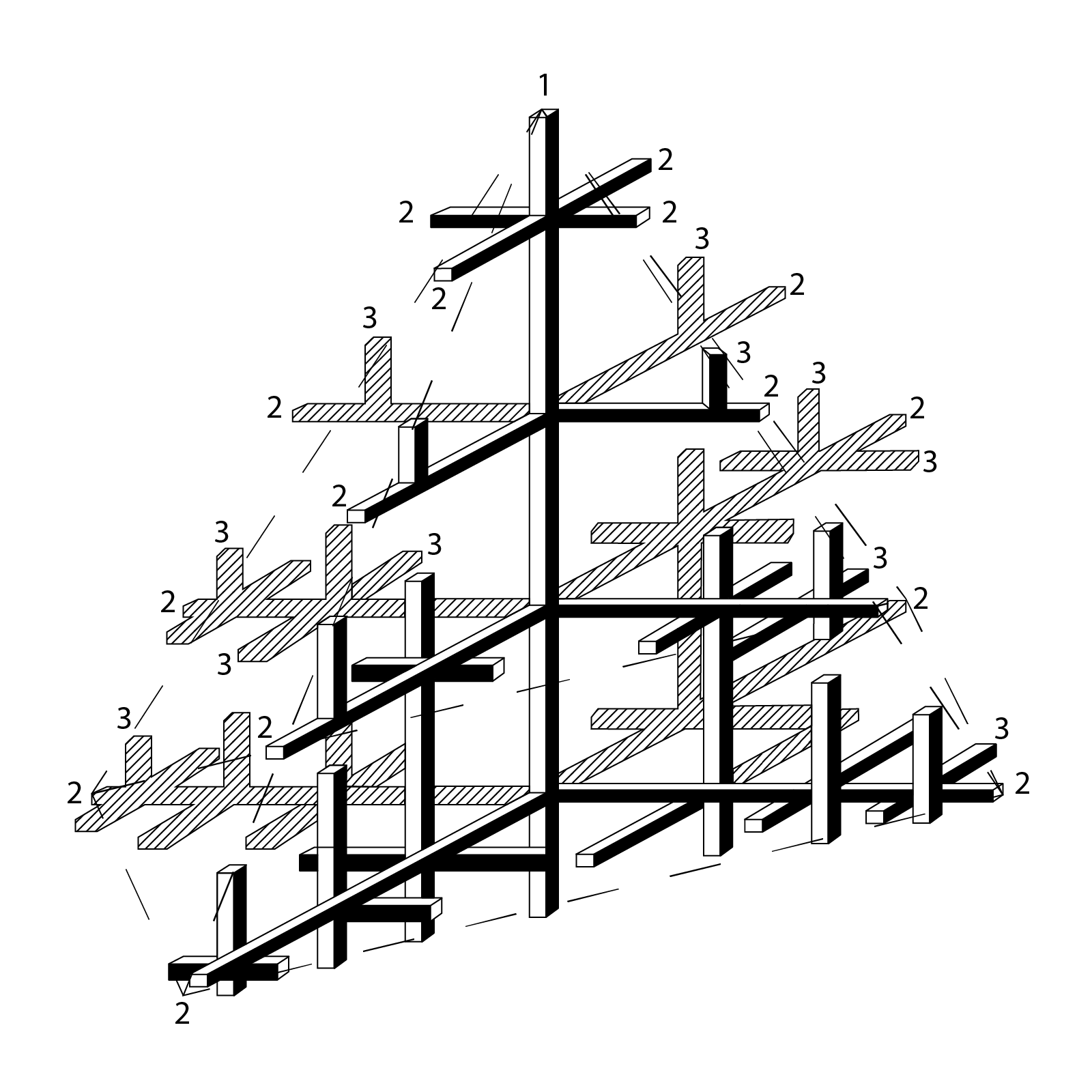 Ilustracja przedstawia schemat narastania dendrytów według Czernowa. Całość ma formę przypominającą drzewko. Na środku jest pionowa kolumna oznaczona cyfrą jeden. Od kolumny odrastają na boki cztery strony pod kątami prostymi gałęzie, oznaczone cyframi dwa. Od tych gałęzi z kolei odrastają kolejne mniejsze gałęzie na boki i w pionie, oznaczone cyframi trzy.
