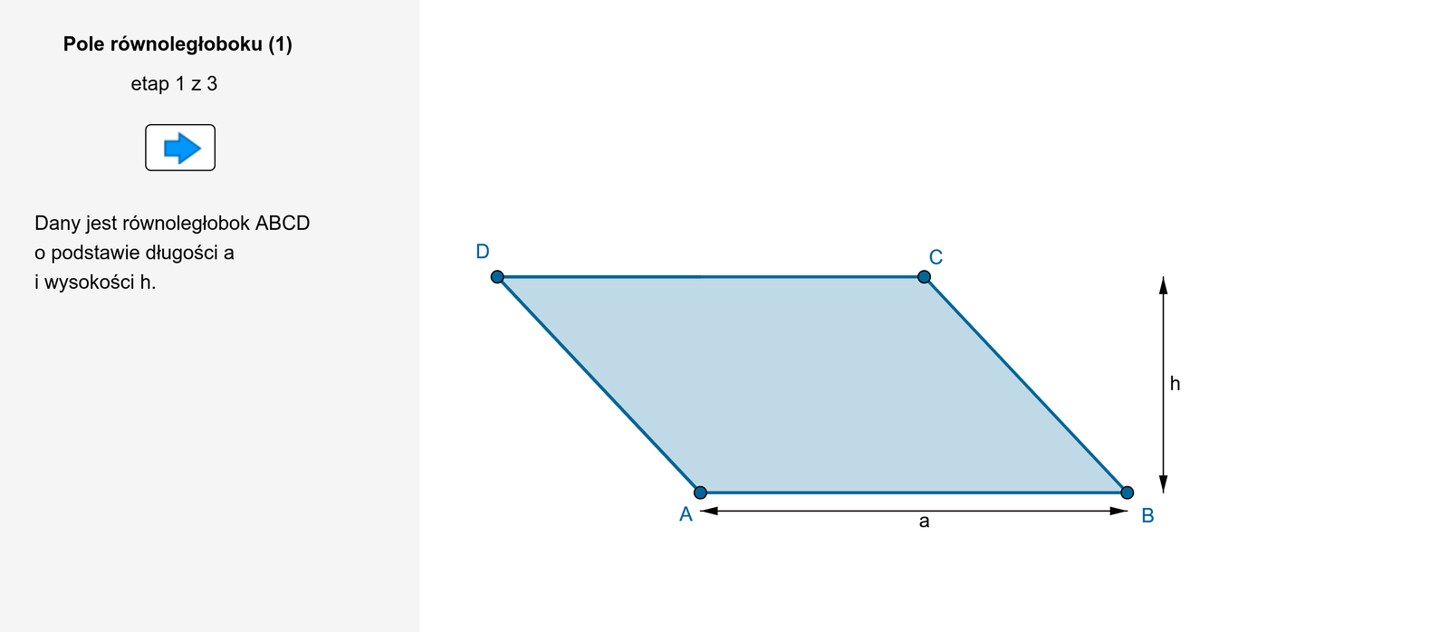 Animacja pokazuje przekształcenie równoległoboku A B C D o podstawie długości a i wysokości h w prostokąt A B E F o bokach a i h. Zauważamy, że pole równoległoboku jest równe polu tego prostokąta.