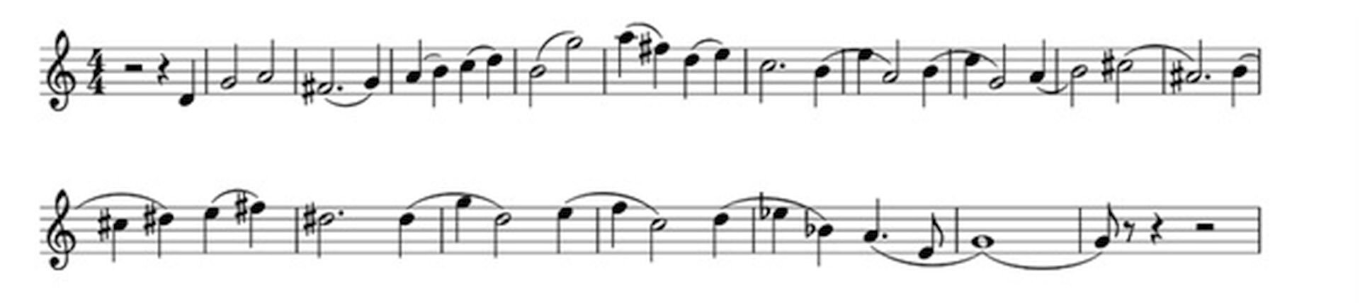 Ilustracja przedstawia zapis nutowy na pięciolinii utworu „Symfonia Leningradzka”, część 1, temat 2 – pierwsza faza.