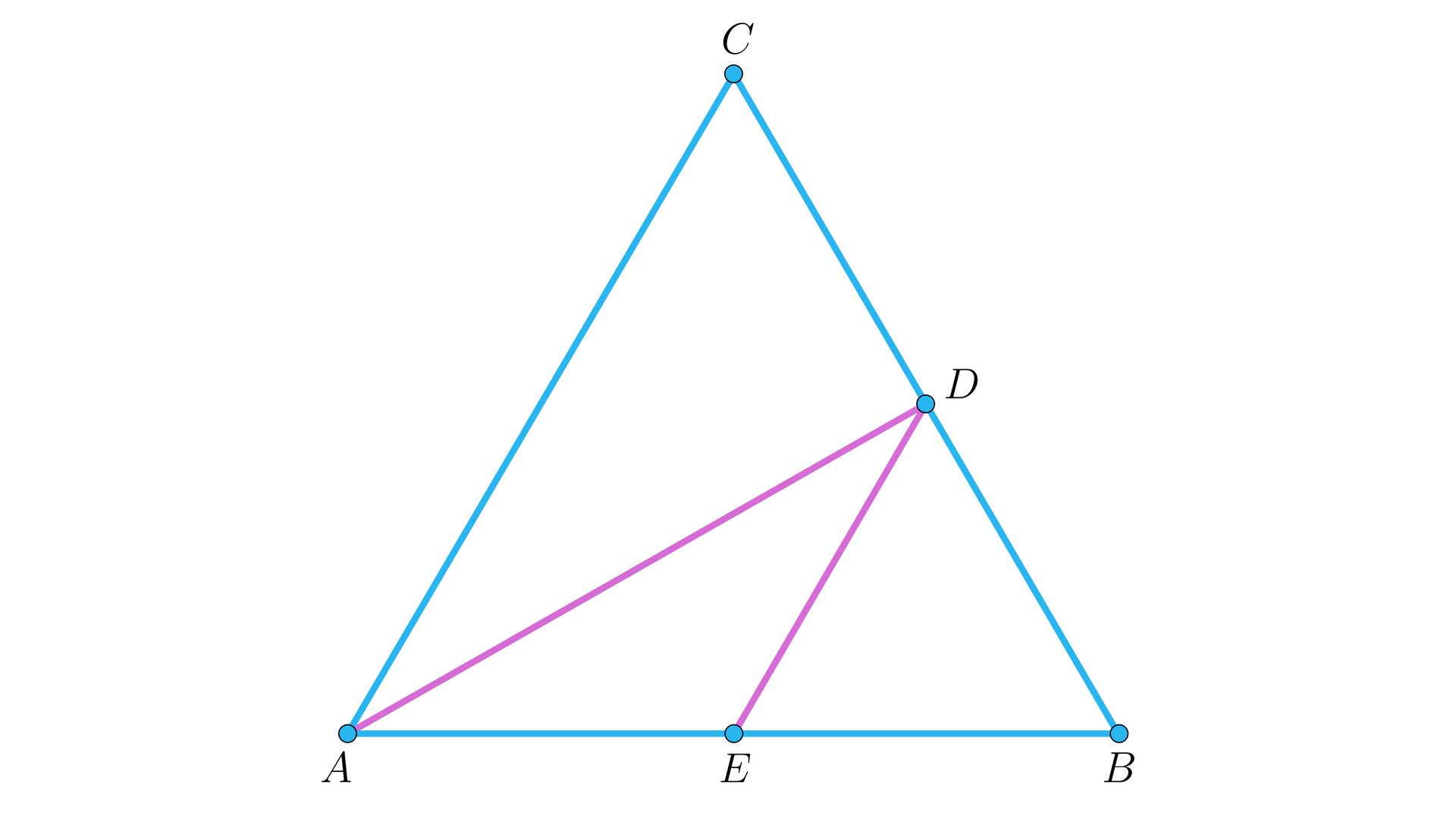 Ilustracja przedstawia trójkąt ABC. Poprowadzono wysokość AD oraz odcinek DE łączący środki boku BC oraz podstawy AB.