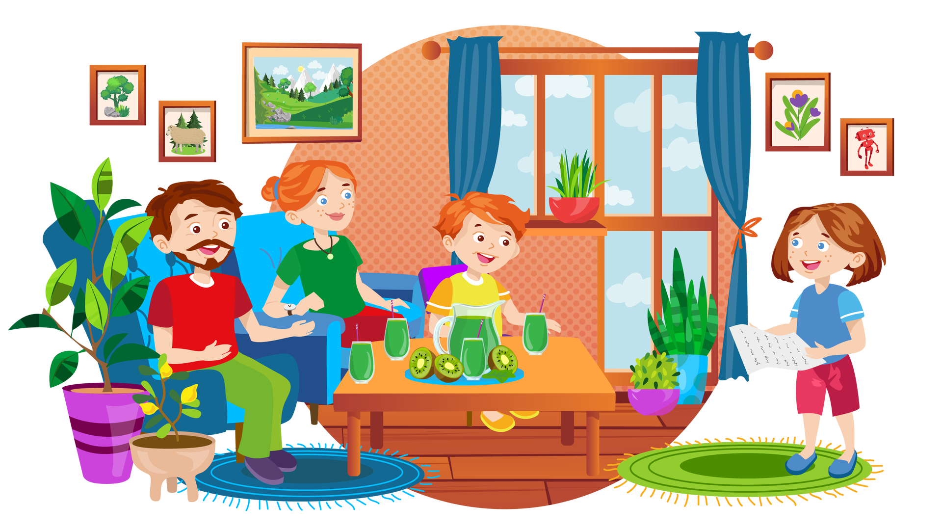 Ilustracja przedstawia salon w domu Franka i Mai. W tle widać pomarańczową ścianę w kropki z oknem i drzwiami balkonowymi w brązowej ramie. Za nimi rozciąga się błękitne niebo z jasnymi chmurami. Powyżej wisi brązowy karnisz z dwiema granatowymi zasłonami. Każda z nich jest upięta w połowie długości ciemnopomarańczową wstążką. Na brązowym parapecie stoi zielona roślina w półokrągłej czerwonej donicy. Przy drzwiach, na drewnianej podłodze, stoją kolejne dwie zielone rośliny – jedna w fioletowej, a druga w niebieskiej donicy. Na lewo od okna wiszą trzy obrazki w brązowych ramkach. Pierwszy przedstawia zielone drzewo liściaste, pod którym rośnie kępka zielonej trawy i leżą dwa szare kamienie. Drugi przedstawia beżową owcę na zielonej polanie. W tle widać dwa drzewa iglaste. Trzeci przedstawia krajobraz górski. W tle widać wysokie góry, błękitne niebo z jasnymi chmurami i słońce. Dookoła rozciąga się rozległy teren porośnięty zielenią. Są tam pojedyncze drzewa iglaste i liściaste. Na pierwszym planie widać fragment zbiornika wodnego. Na brzegu leży sterta szarych kamieni. Po prawej stronie ilustracji wiszą kolejne dwa obrazki w brązowych ramkach. Pierwszy przedstawia trzy fioletowe kwiaty o zielonych łodygach, a drugi uśmiechniętego Zgrzytka. Jest to czerwony robot o prostokątnej głowie z krótkimi antenkami zamiast uszu, dwiema rękami i dwiema nogami. Na przedniej części jego tułowia widnieje biały znaczek w postaci błyskawicy. Poniżej, na podłodze, leży okrągły zielony dywan z pomarańczowymi frędzlami. Stoi na nim szeroko uśmiechnięta Maja. Recytuje tekst z kartki, którą trzyma w dłoniach. Po lewej stronie pomieszczenia stoją na podłodze dwie zielone rośliny – duża w fioletowej donicy oraz mała w beżowej donicy. Za nimi są dwa niebieskie fotele, na których siedzą tata i mama Franka i Mai. Oboje się uśmiechają i patrzą na córkę. Stopy taty spoczywają na leżącym na podłodze okrągłym ciemnoniebieskim dywanie z frędzlami. Przed rodzicami stoi niski brązowy stolik, na którym są ustawione trzy szklanki z zielonym sokiem oraz leży okrągła niebieska taca. Znajdują się na niej trzy połówki kiwi, dzbanek zielonego soku i kolejna szklanka z sokiem. W każdej ze szklanek jest słomka. Za stołem stoi fioletowe krzesło, na którym siedzi Franek. Szeroko się uśmiecha i patrzy na Maję.
