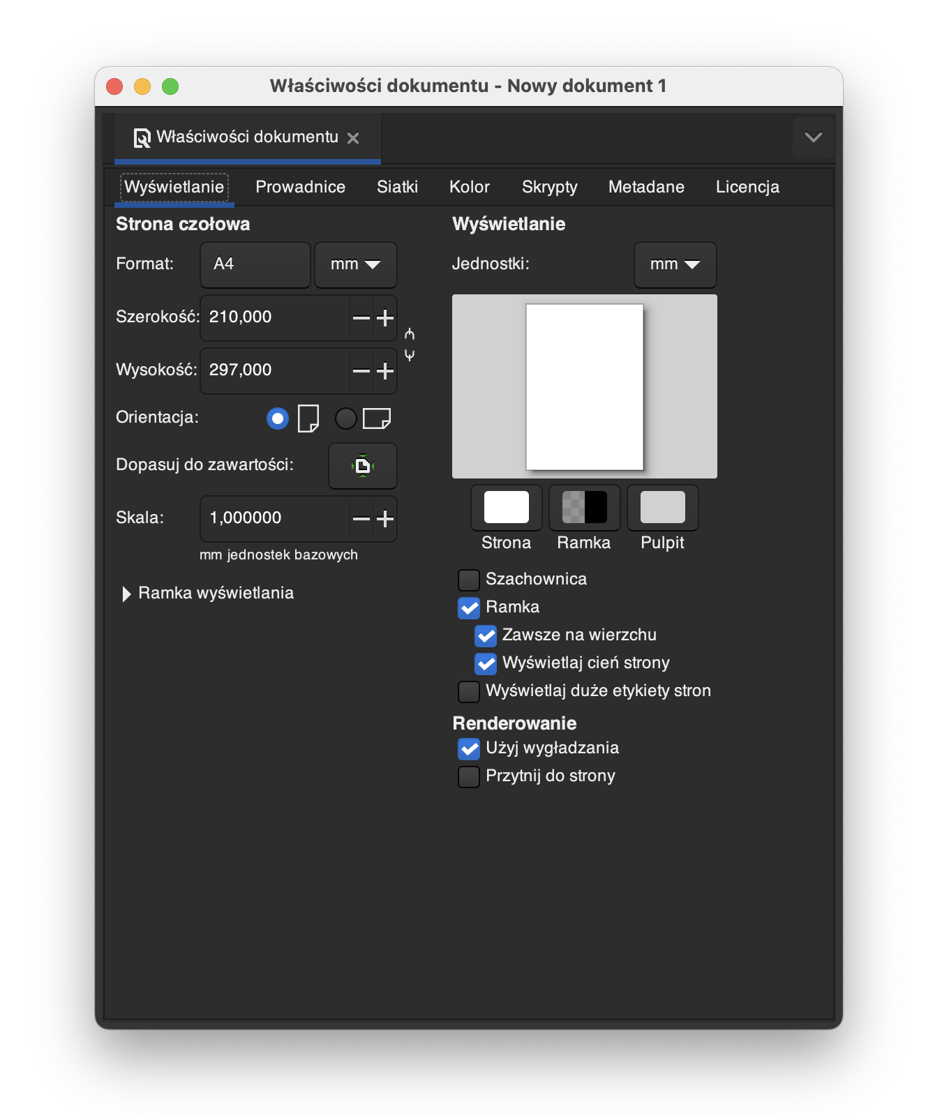 Grafika przedstawia okno właściwości dokumentu. Dokładnie opcje dotyczące wyświetlania. Można tutaj ustawić między innymi, format dokumentu, orientację czy skalę.
