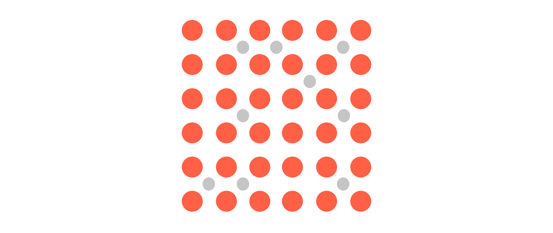 Ilustracja przedstawia warstwy kulek znajdujących się obok siebie. Kule mają kolor czerwony i znajdują się w równych odległościach od siebie. Między kulami czerwonymi znajdują się mniejsze, o barwie szarej. Jest ich mniej i są rozproszone.