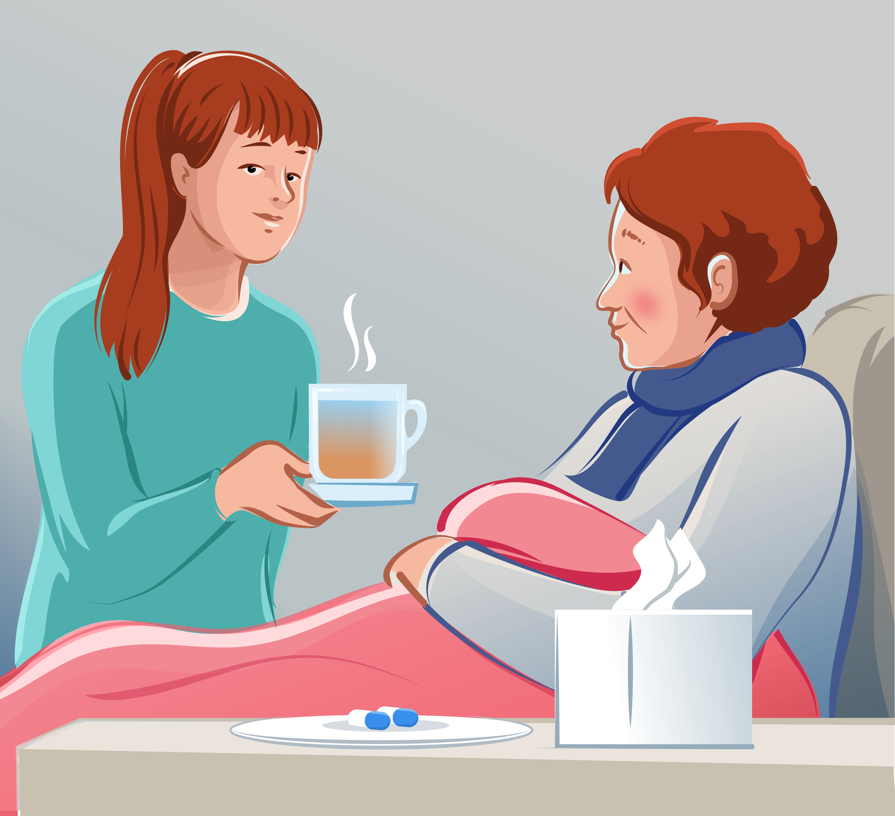 Ilustracja przedstawia starszą kobietę leżącą pod kocem, której młoda dziewczyna podaje filiżankę gorącego napoju. Na stoliku koło kobiety stoi pudełko chusteczek do nosa i tabletki.