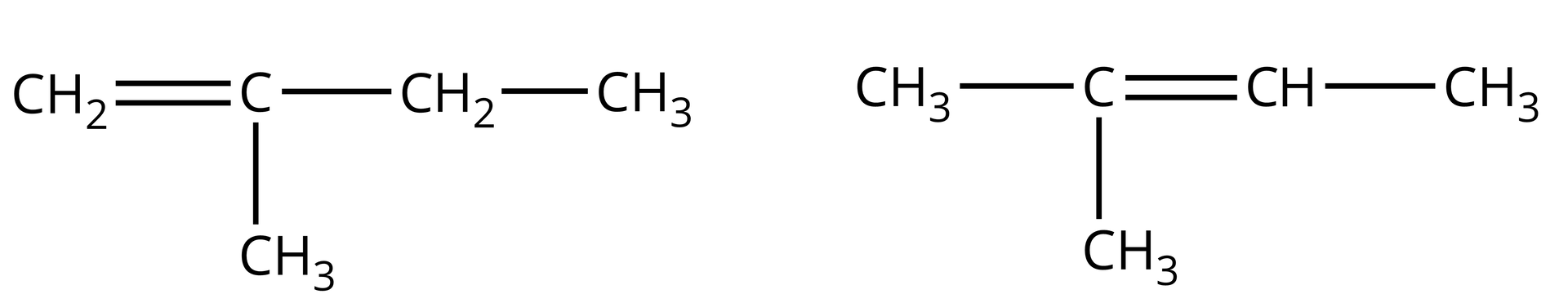 Ilustracja przedstawiająca dwa alkeny będące izomerami. Pierwszy to 2‑metylobut‑1-en zbudowany z grupy CH2 połączonej za pomocą wiązania podwójnego z atomem węgla podstawionym grupą metylową CH3 oraz grupą etylową CH2CH3. Drugi izomer to 2‑metylobut‑2-en, który to zbudowany jest z atomu węgla podstawionego dwiema grupami metylowymi CH3 oraz połączonego za pomocą wiązania podwójnego z grupą CH związaną z grupą CH3.